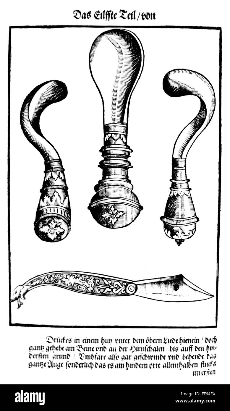 Medicina, oftalmologia, strumenti chirurgici per la rimozione degli occhi, taglio di legno, da: Georg Bartisch (1535 - 1607), 'Oftalmoduleia, das ist Augendienst, Dresda, 1583, diritti aggiuntivi-clearences-non disponibile Foto Stock