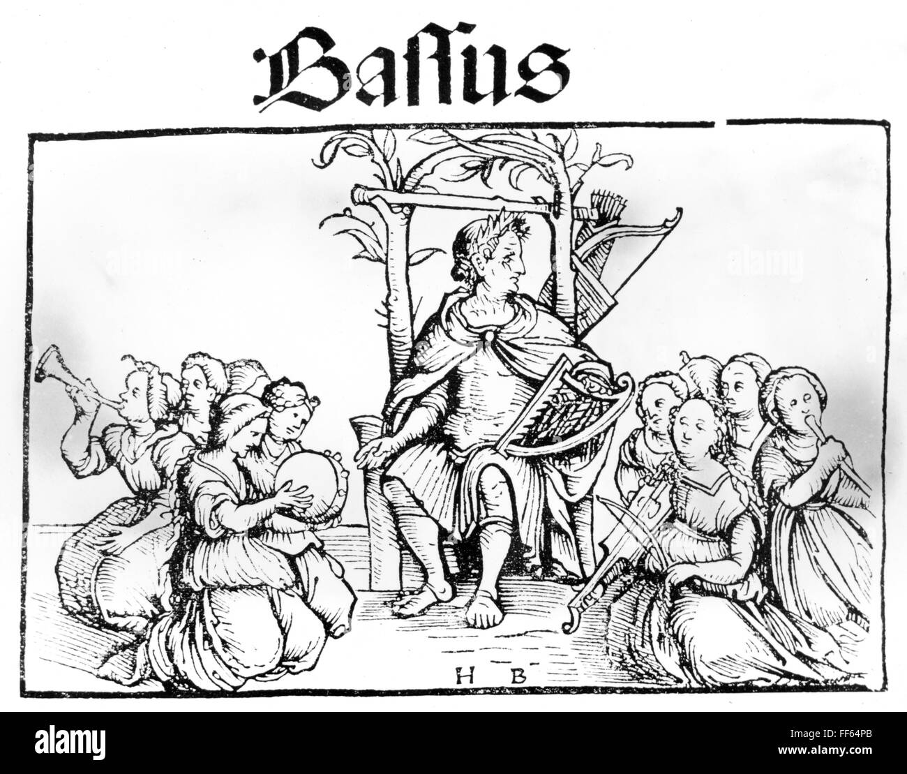 Musica, musicista, il poeta Bassus circondato da musicisti, in legno con il titolo di 'Liederbuch zu 4 Stimmen', stampato da Erhard Oeglin, Augusta, 1512, Additional-Rights-Clearences-Not Available Foto Stock