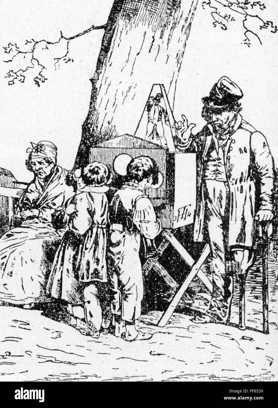 Film / cinema, inizi della cinematografia, 'Berliner Guckkästner' (Berlin Raree Show), disegno di Theodor Hosemann (1807 - 1875), per 'Zirngibler und Guckkästner' di Adolf Glassbrenner, 1840, diritti aggiuntivi-clearences-non disponibili Foto Stock