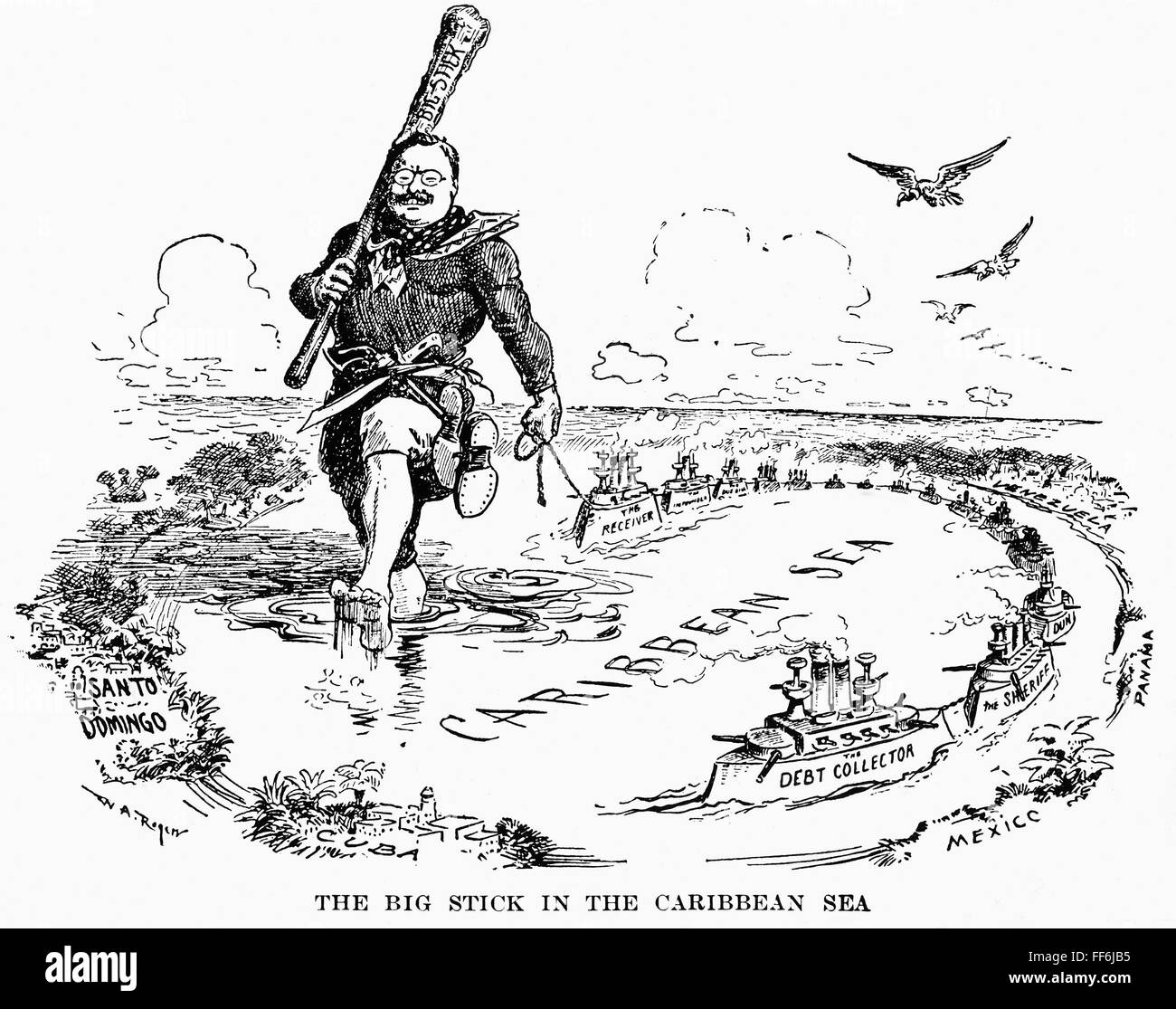 ROOSEVELT CARTOON, 1904. /N'Tegli big stick nel Mar dei Caraibi". Il  presidente Theodore Roosevelt applicando il suo concetto della dottrina  Monroe da avente un U.S. Naval flottiglia vapore da uno dei Caraibi