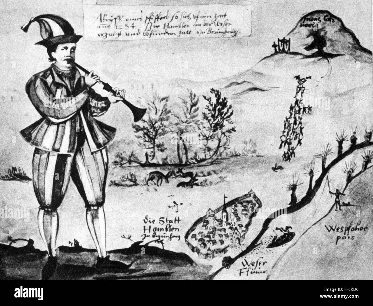 Letteratura,leggenda,Piper pied di Hamelin,1284,miniatura dopo pittura di vetro alla chiesa di mercato di Hamelin dalla cronaca di Augustin di Mörsperg,1592,1° secolo,XVI secolo,Medioevo,medievale,medievale,Germania settentrionale,Germania settentrionale,bassa Sassonia,paesaggio,vista città,vista città,panorami urbani,paesaggi urbani,paesaggi urbani,paesaggi urbani,paesaggi musicali,corsi d'acqua,strumenti musicali,non-flauto,strumenti musicali,strumenti musicali,corsi d'acqua,strumenti musicali,strumenti musicali,strumenti musicali,non-flauto,strumenti,strumenti,strumenti,strumenti musicali,strumenti-completi,strumenti musicali,strumenti-Hameln-fluts-disponibili,strumenti,strumenti,strumenti,strumenti,strumenti,strumenti,strumenti,strumenti,strumenti,strumenti,strumenti,strumenti-in piedi-Hameln Foto Stock