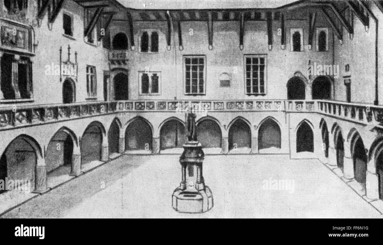 Geografia / viaggio, Polonia, Cracovia, edifici, università, vista esterna, cortile interno con monumento a Copernico, disegno, grafica, grafica, Cracovia, corte, corte, nel cortile, monumento, monumenti, Europa orientale, Europa, galleria, portici, arco, colonnati, architettura, pedagogia, pedagogia, istruzione, edificio, edifici, università, università, cortile interno, cortili interni, diritti storici aggiuntivi, non disponibili Foto Stock