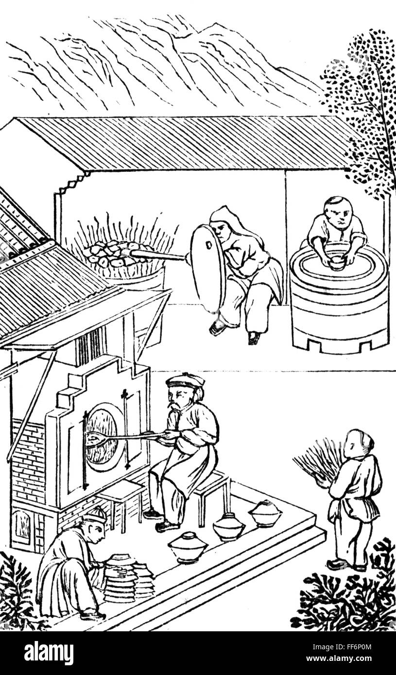 In porcellana, la produzione in Cina, la cottura della nave in un forno, incisione su legno, circa 1865, artista del diritto d'autore non deve essere cancellata Foto Stock