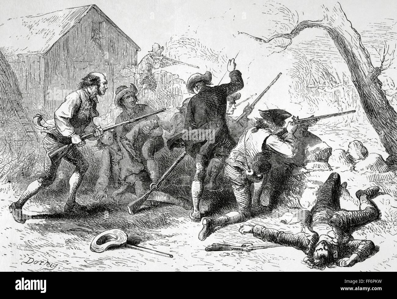 La guerra rivoluzionaria americana (1775-1783). Battaglie di Lexington e Concord. Aprile 19, 1775. Incisione di Darley. La Rivoluzione Americana, xix secolo. Foto Stock