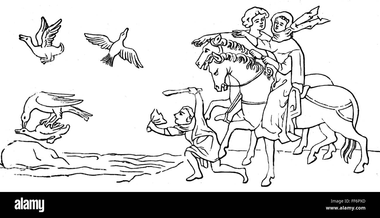 Caccia, falconeria, dopo miniatura, 13 ° secolo, incisione in legno, 19 ° secolo, falconero, falconieri, equitazione, cacciatore, cacciatori, nobiltà, cavallo, cavalli, animale, animali, falco, falchi, Medioevo, falconiere, falconeria, Francia, persone, uomini, uomo, caccia, mini, miniature, storici, medievali, maschi, non-ulteriori diritti Foto Stock