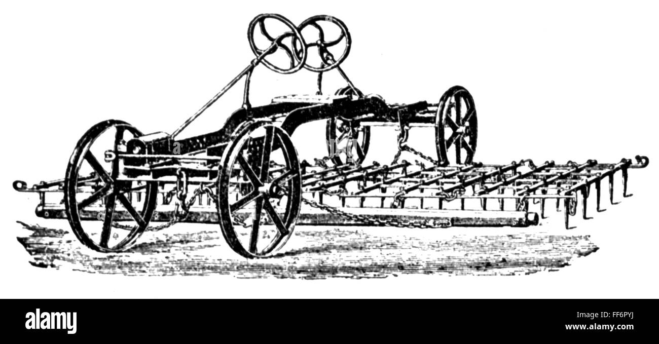 Agricoltura, macchine, erpice a vapore, incisione del legno, da: Buch der Erfindungen, Gewerbe und Industrien, casa editrice otto Samer, Lipsia - Berlino, 1864 - 1867, diritti-aggiuntivi-non disponibili Foto Stock