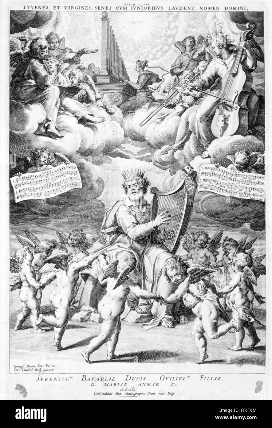 Musica, allegorie, orchestra celeste e Re Salomone con arpa, incisione in rame di Peter Candid, devoto al duca Guglielmo V di Baviera (regnato 1579 - 1597), musicista, musicisti, paradiso, paradisi, cielo, Dio, dei, divinità, divinità, divinità, nubi, nube, angelo, angeli, putt, note, spartiti, musica, Germania, 16 ° secolo, persone, uomo, uomini, maschio, allegorie, allegoria, orchestra, orchestre, arpa, arpe, dedica, devoting, storico, diritti aggiuntivi-clearences-non disponibile Foto Stock