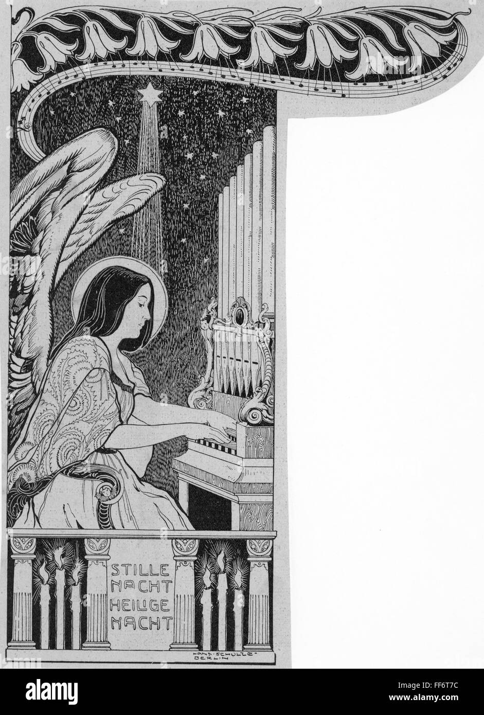 Natale, Angelo natalizio che suona l'organo, Notte silenziosa, Notte Santa, incisione in legno dopo disegno di Hans Schulze, Berlino, 1900, diritti aggiuntivi-clearences-non disponibile Foto Stock