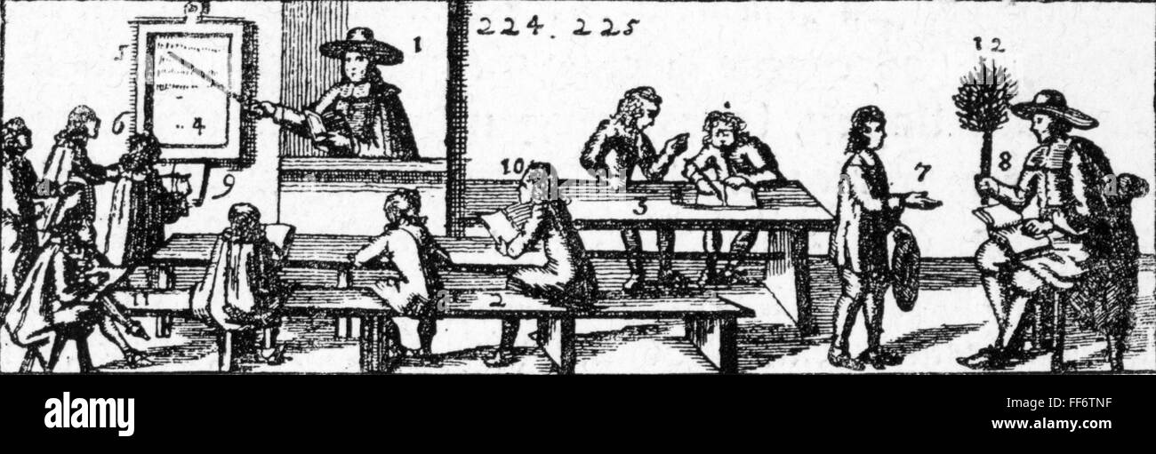 Pedagogia, scuola / lezioni / disciplina, classe, incisione su rame, fuori: Johann Amos Comenius (1592 - 1670), 'Vorpforte de Schul Unterweisung', Norimberga, 1678, artista del diritto d'autore non deve essere cancellata Foto Stock