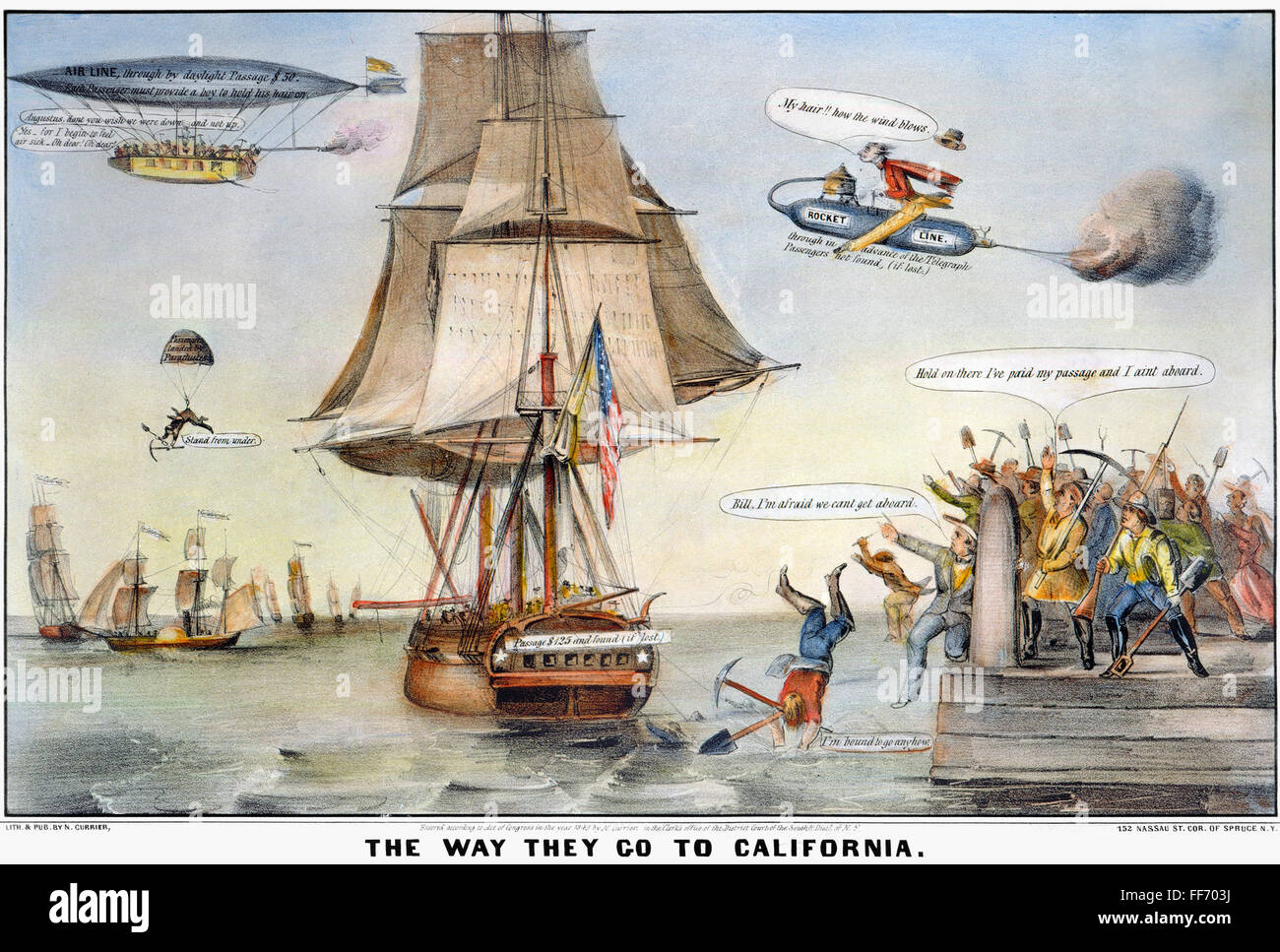 GOLD RUSH CARTOON, 1849. /N'Tha modo di andare in California." Caricatura del desiderio di orientali per raggiungere i campi di oro in California. Litografia di Nathaniel Currier, 1849. Foto Stock