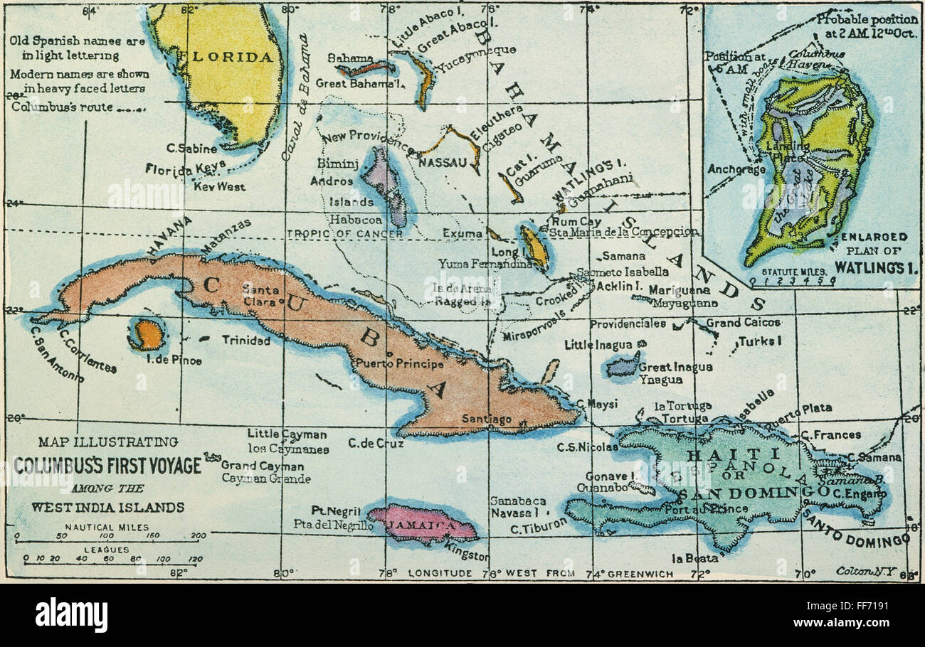 COLUMBUS: WEST INDIES mappa. /NMap, 1892, che illustra il percorso presunto del primo viaggio di Colombo nel West Indies. Foto Stock