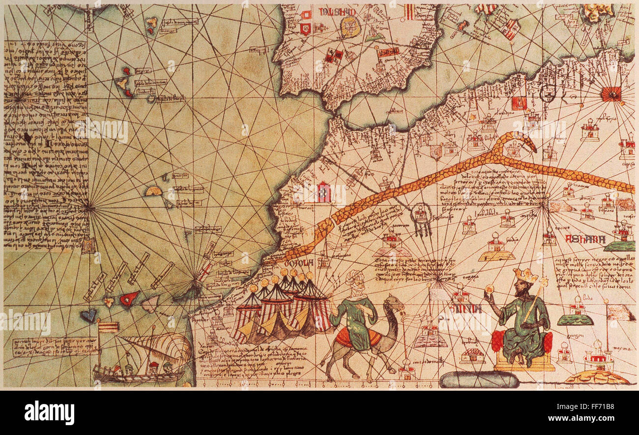 MANSA MUSA (1312-1337). /NKing del Mali. Mansa Musa seduto sul trono. Rivolta verso di lui è un Tuareg sul suo cammello. Dettaglio dal catalano Atlas di 1375. Foto Stock