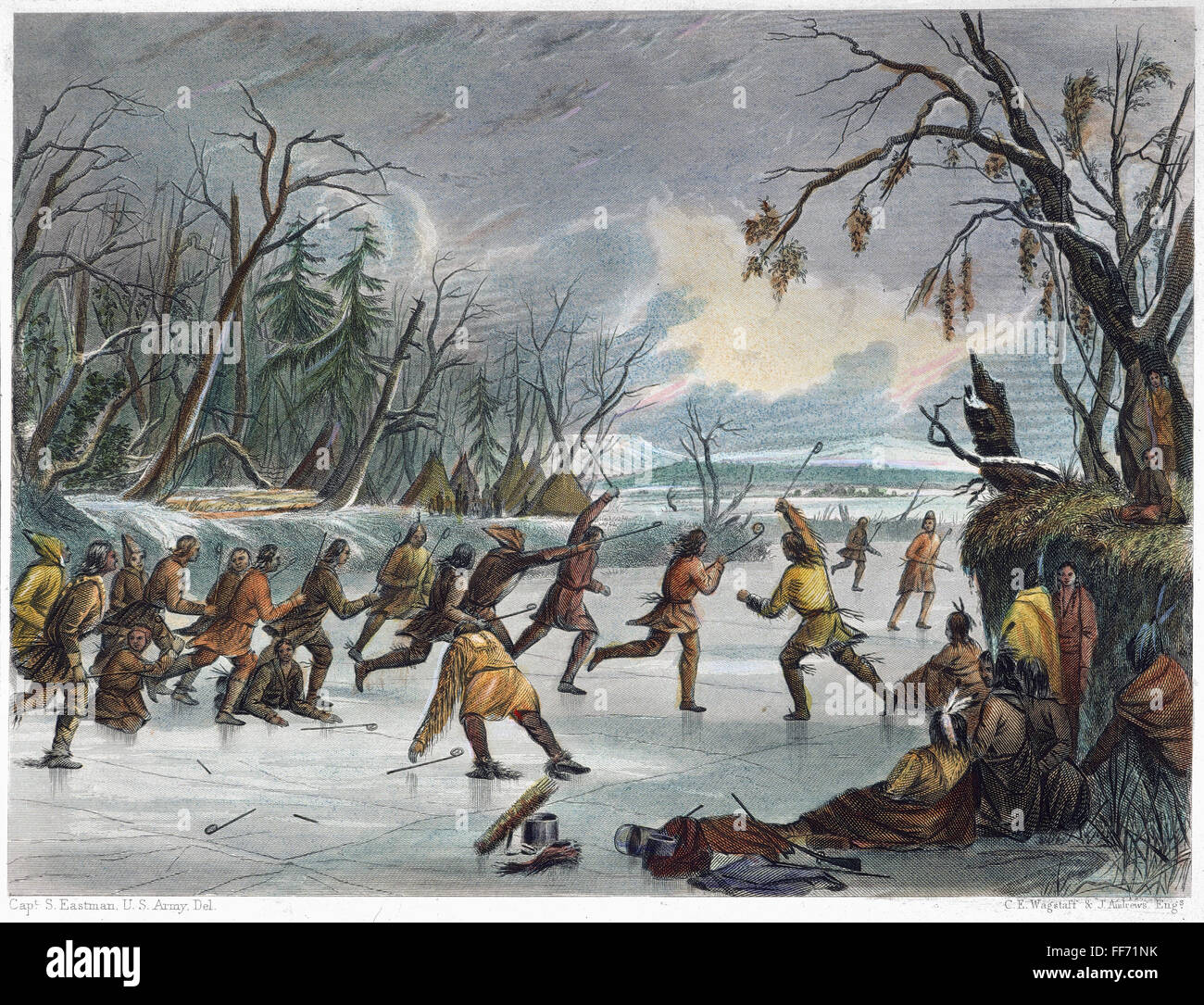 Nativi americani: gioco, 1855. /NNorthwestern nativi americani a palla sul ghiaccio. Incisione, 1855, dopo un disegno da Seth Eastman. Foto Stock