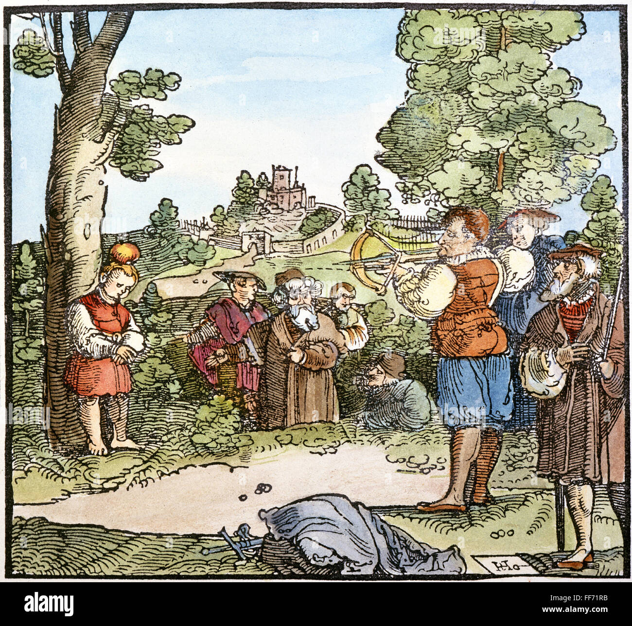 Guglielmo Tell. /NLegendary eroe svizzero. Guglielmo Tell e la mela. Tedesco o colore svizzero xilografia, del XVI secolo. Foto Stock
