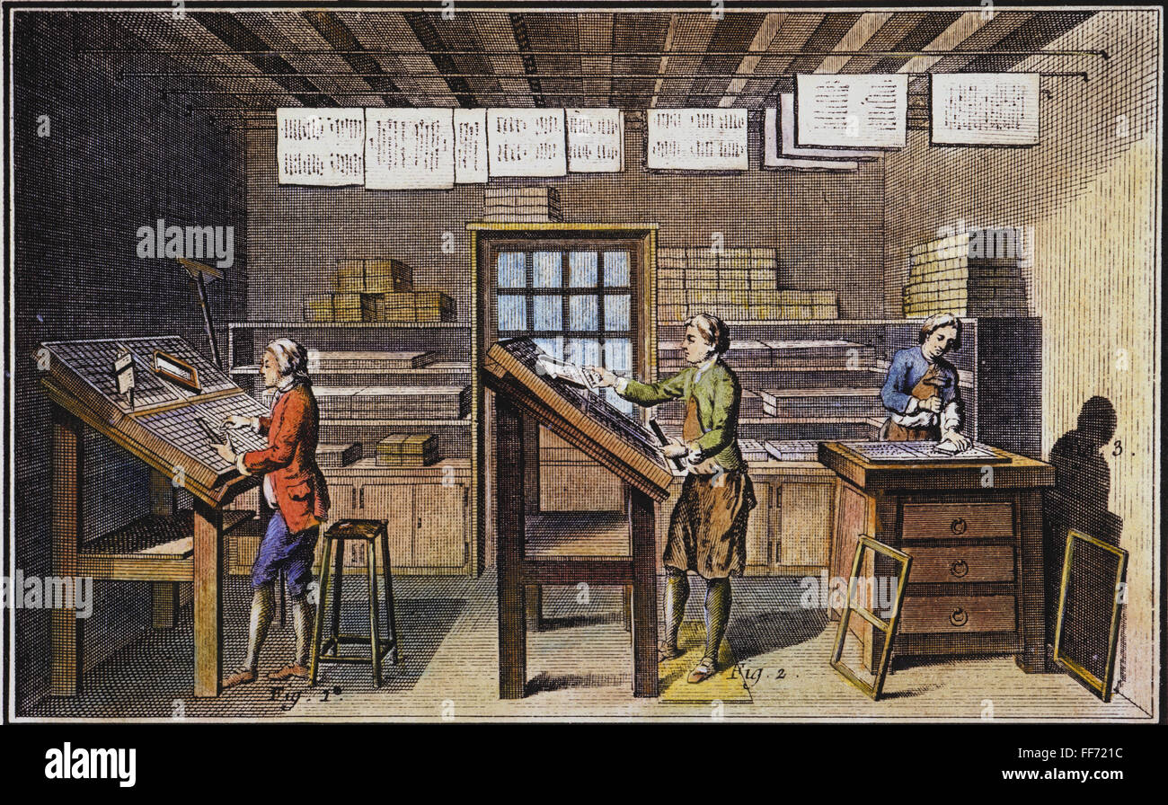 PRINT SHOP, Parigi, 1751. /Nil che compongono la camera di un print shop. Incisione per Denis Diderot "Encyclopedie ou Dictionnaire Raisonne des Sciences, des Arts et des metiers", Parigi, 1751. Foto Stock