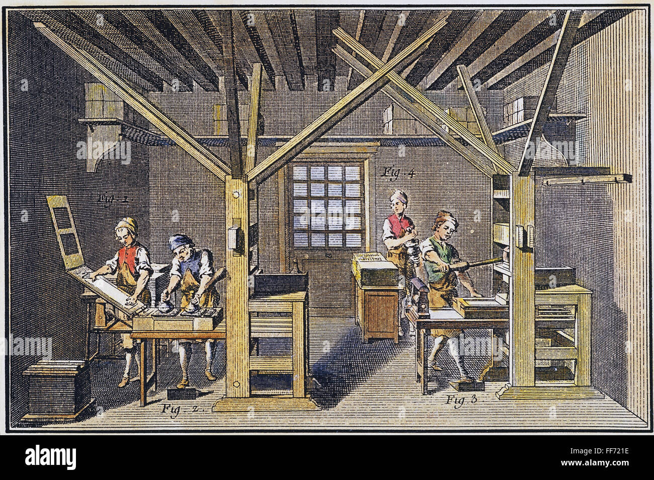 PRINT SHOP PRESS ROOM, 1751. /Nil press room di un negozio di stampa: incisione per Denis Diderot's Encyclopedie ou Dictionnaire Raisonne des Sciences, des Arts et des metiers, Parigi, 1751. Foto Stock