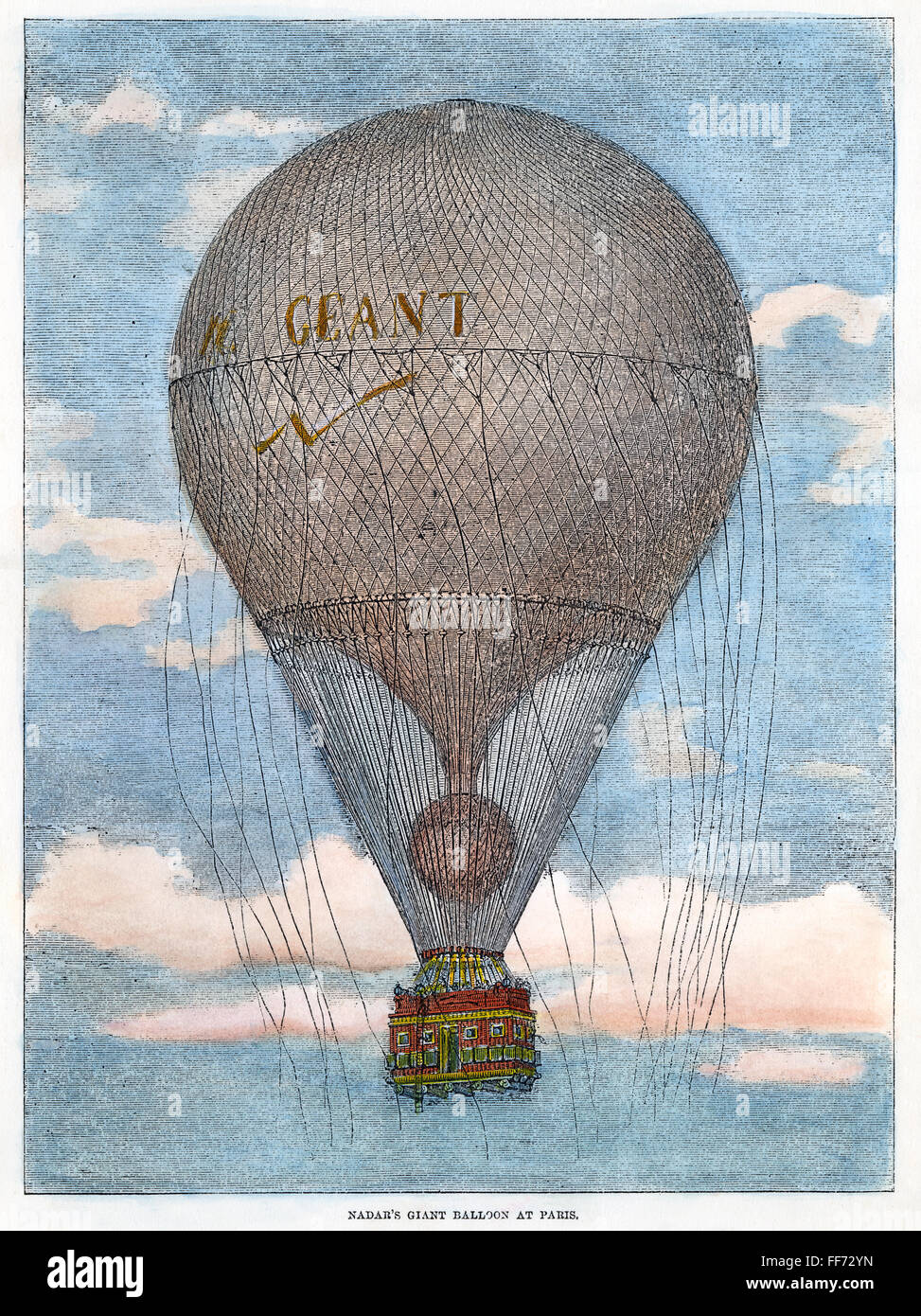 La mongolfiera: NADAR, 1863. /NNadar 'Le Geant' palloncino in volo su Parigi, Francia, 1863. Contemporanea inglese incisione su legno. Foto Stock