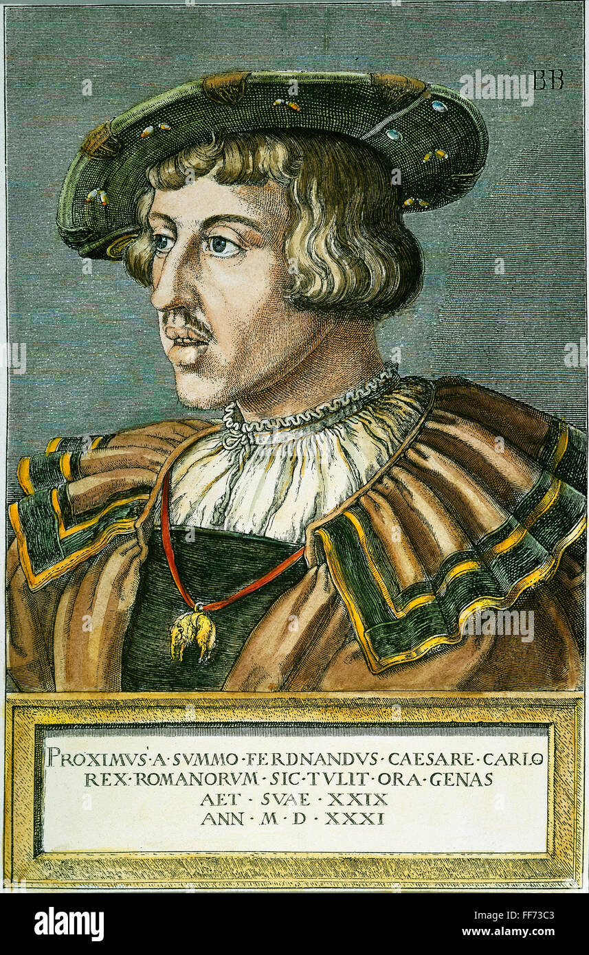 Ferdinando I (1503-1564). /NHoly imperatore romano, 1558-64. Colore incisione su rame, 1531, da Bartel Beham. Foto Stock