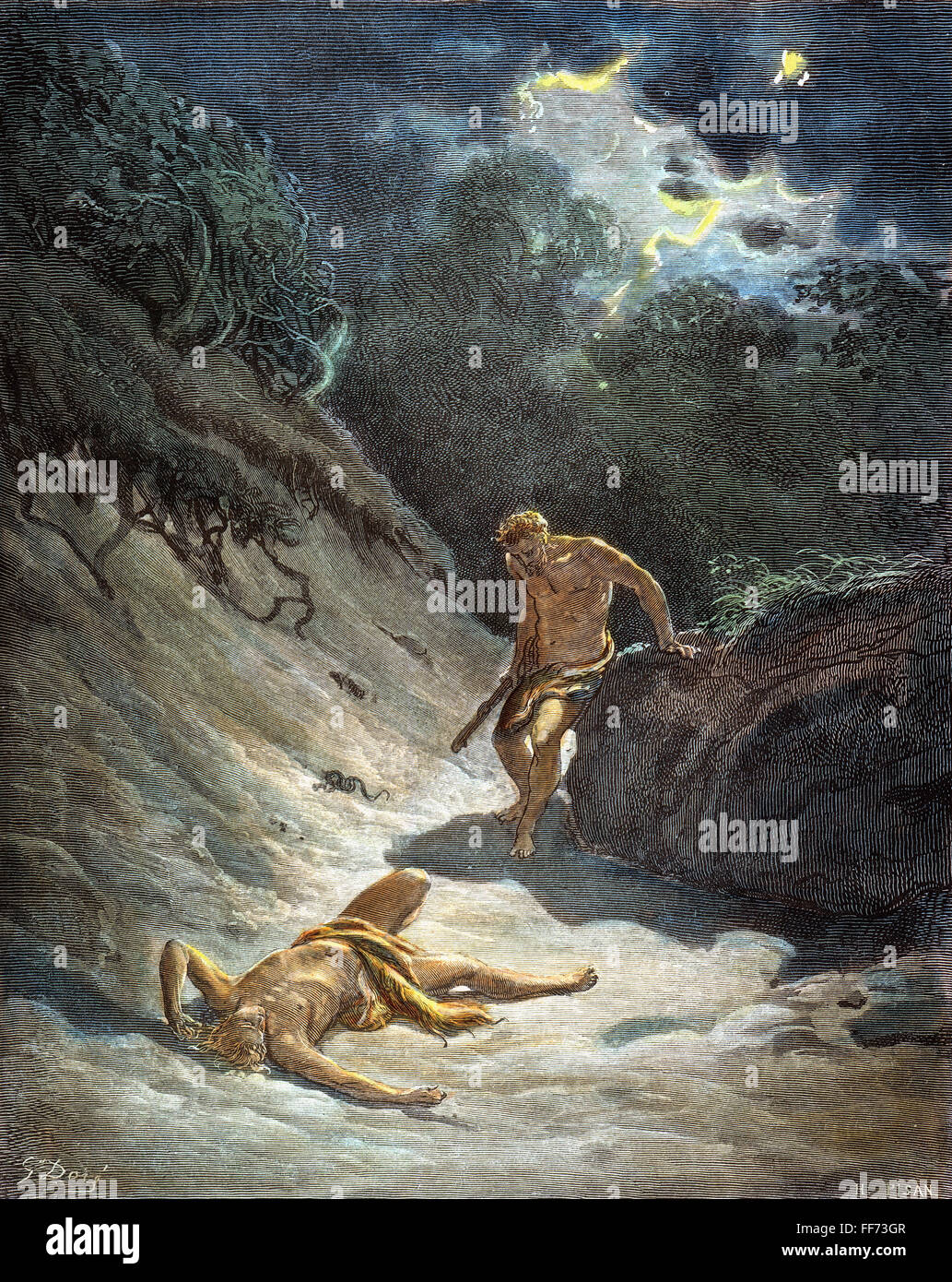 CAIN & Abel. /Nil morte di Abele. Incisione di colore dopo Gustave DorΘ, xix secolo. Foto Stock