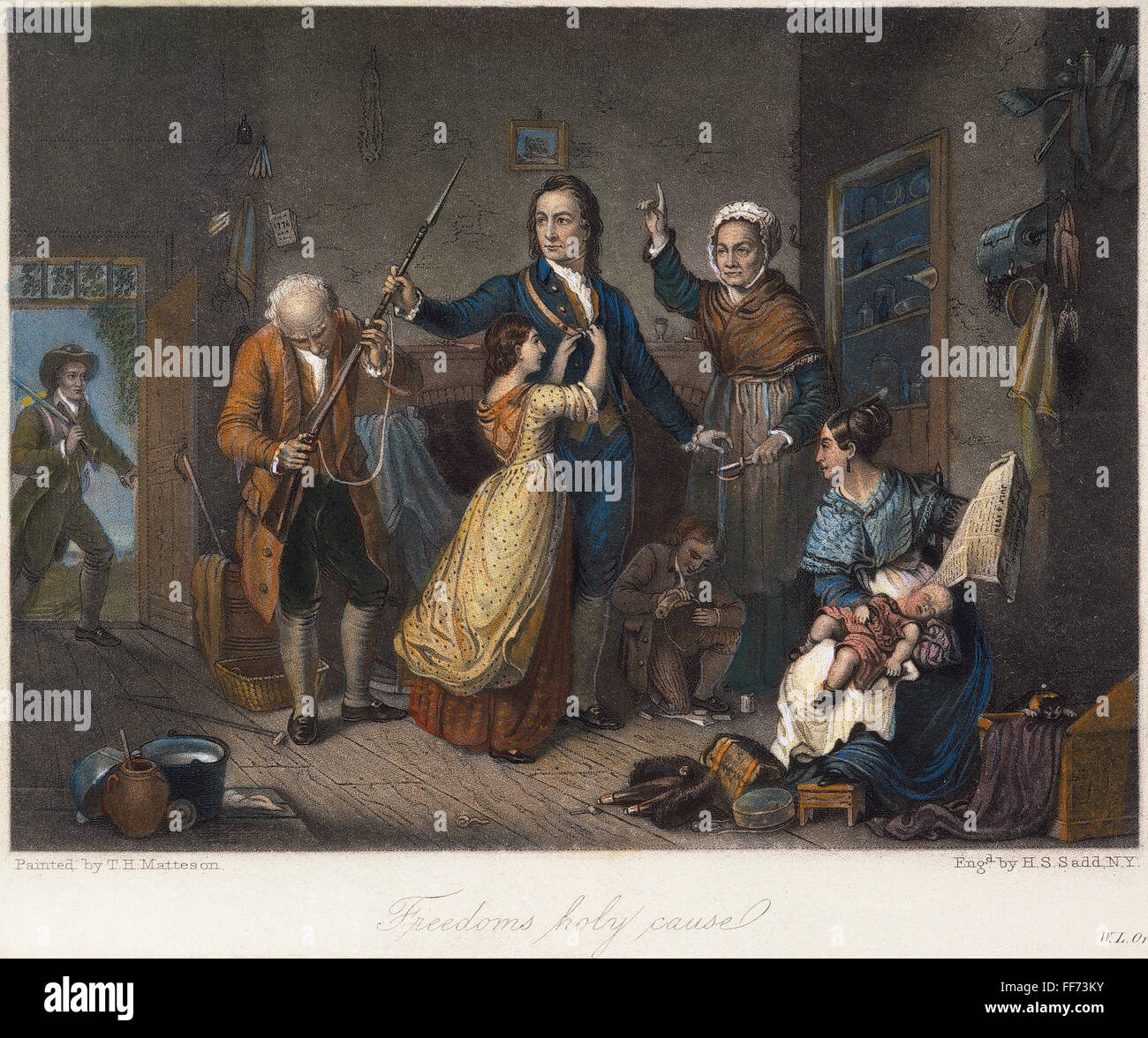 MINUTEMAN: famiglia, 1776. /NA Minuteman lasciando la sua famiglia per unire l'esercito continentale allo scoppio della guerra rivoluzionaria americana. Mezzatinta, xix secolo. Foto Stock