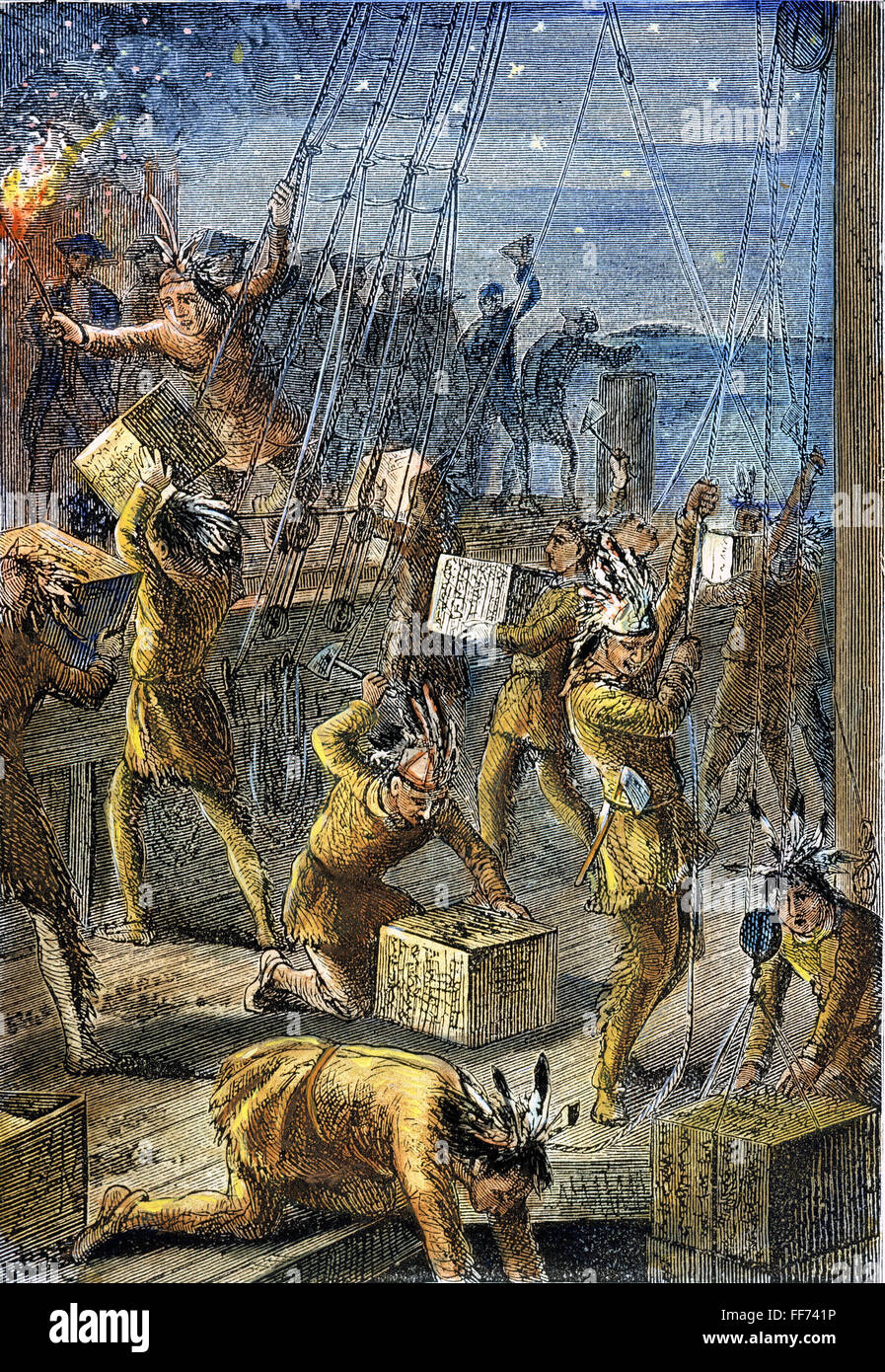 Il Boston Tea Party. /NDec. 16, 1773. La linea di incisione, xix secolo. Foto Stock