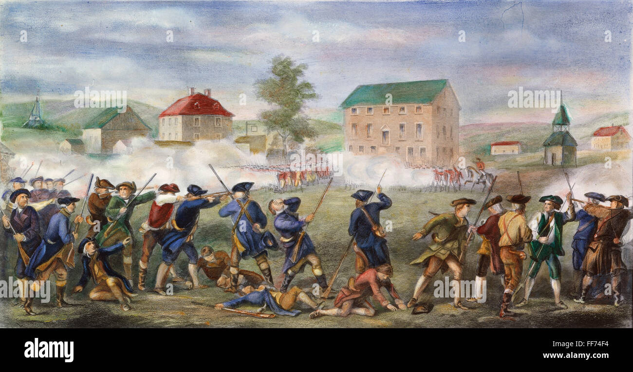 Battaglia di Lexington, 1775. /N19 aprile 1775. Incisione colorata, 1903. Foto Stock