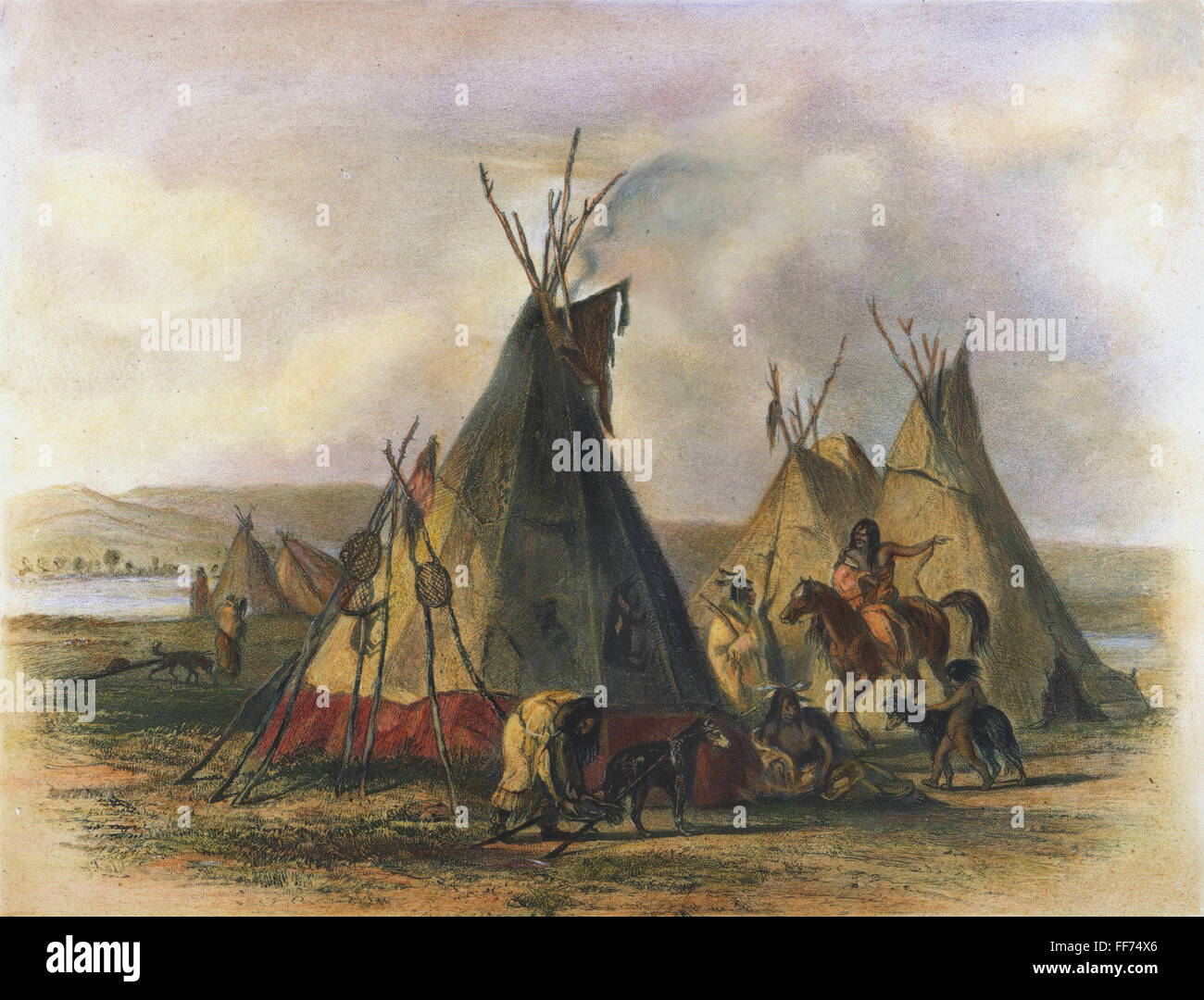 NATIVE AMERICAN LODGES. /NSkin Logge di un capo Assiniboin vicino a Fort Unione sul fiume Missouri. La puntasecca, 1844, dopo Karl Bodmer. Foto Stock