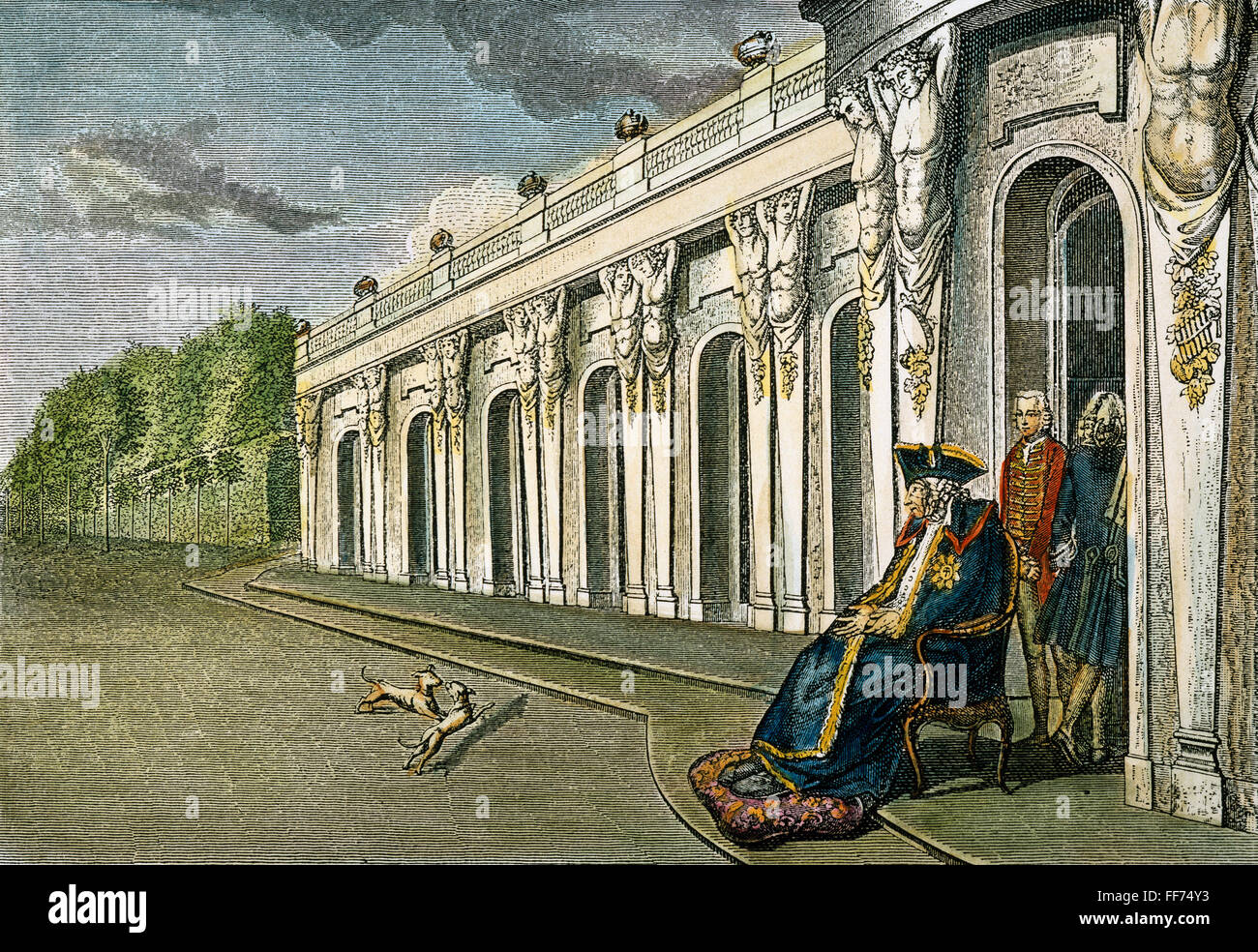 Federico II (grande). /NKing della Prussia, nel suo declino anni a guardare il tramonto dalla terrazza di Sans Souci, il suo palazzo vicino a Potsdam: Tedesco colorati, incisione del XVIII secolo. Foto Stock