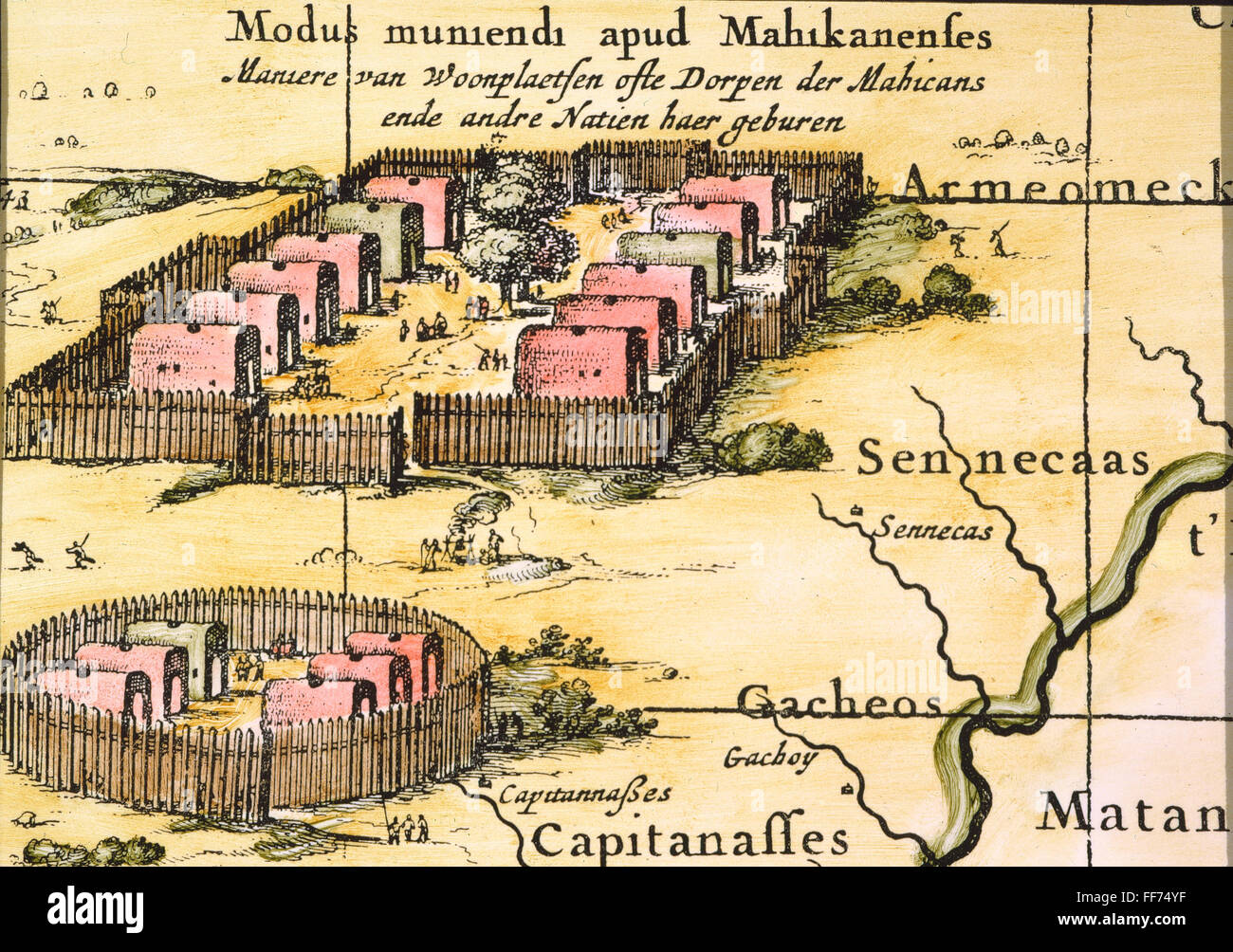 Villaggio MINISINK, 1650s. /NA Minisink village, tipico villaggio dintorni di The Iroquois: dettaglio da Nicholas Visscher la mappa di Novum Belgio, 1651-55 Foto Stock