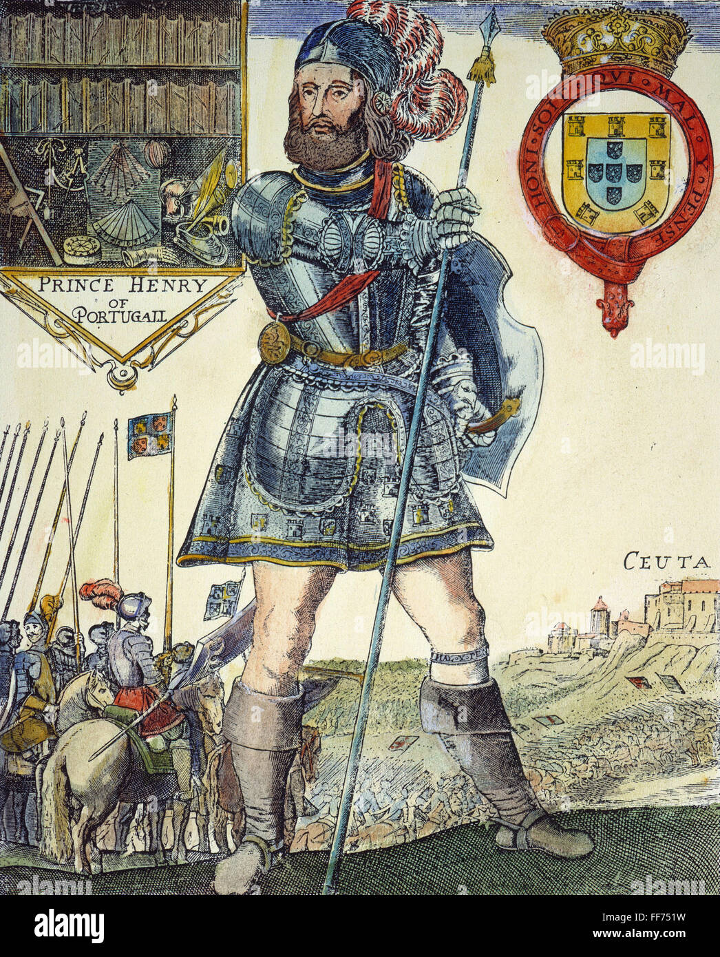 Enrico il Navigatore /n(1394-1460), principe del Portogallo e patrono di esplorazione alla conquista di Ceuta nel Marocco settentrionale, 1415. La linea di incisione, del XVI secolo. Foto Stock