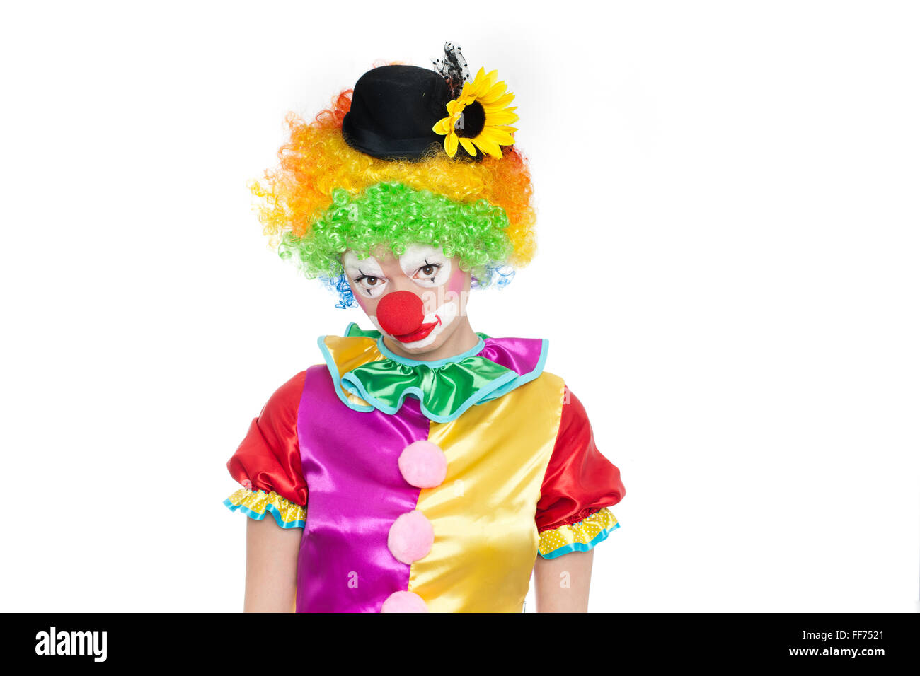 Bella giovane donna come triste clown - ritratto colorato Foto Stock