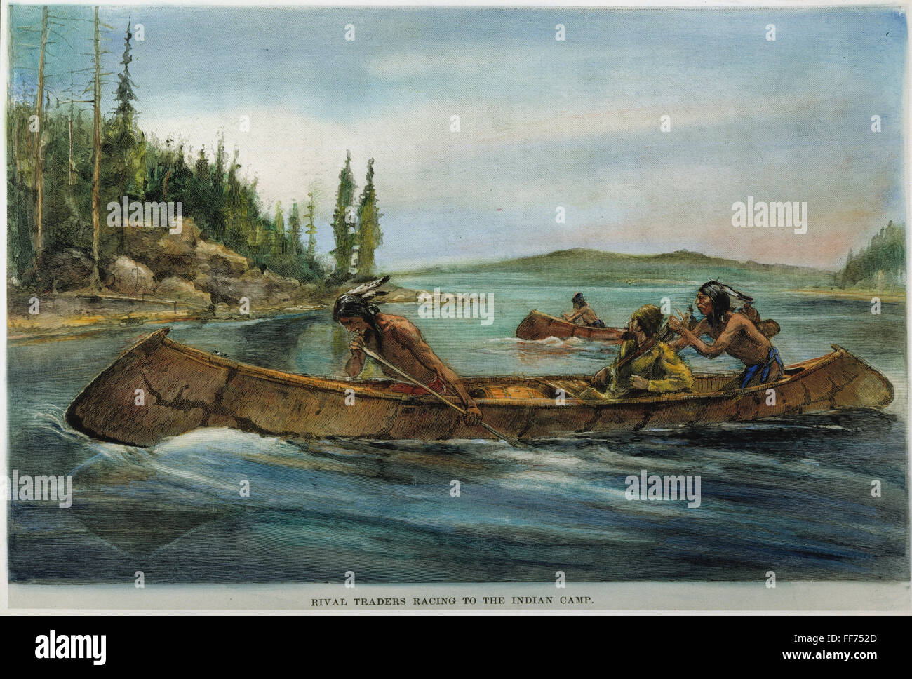 Rivale di commercianti di pellicce./nRacing alla Native American camp. Illustrazione di Frederic Remington. Foto Stock