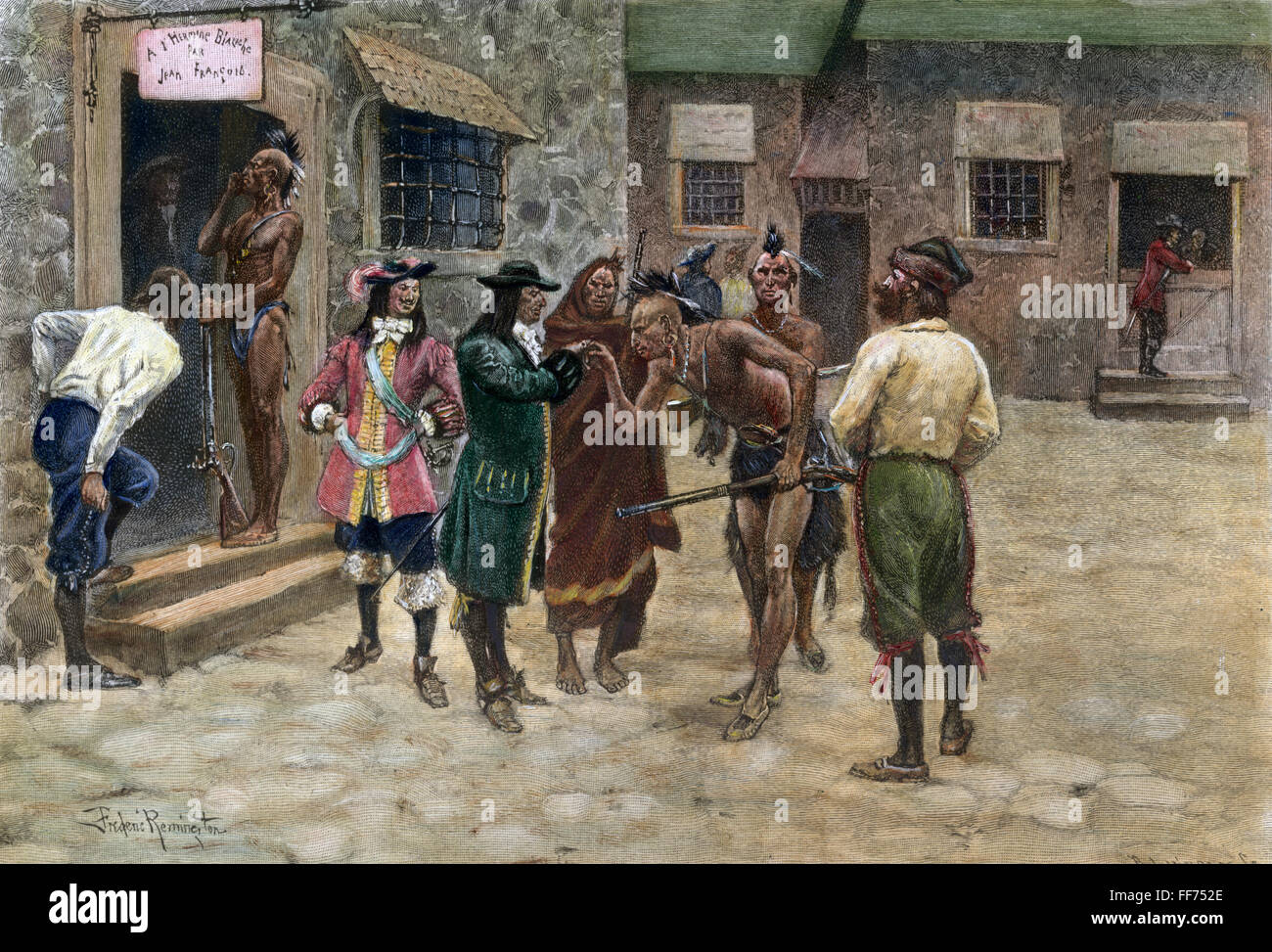 CANADA: commercio di pellicce. /NNative americani e voyageurs nel XVII secolo Montreal. Incisione a colori, 1891, dopo Frederic Remington. Foto Stock