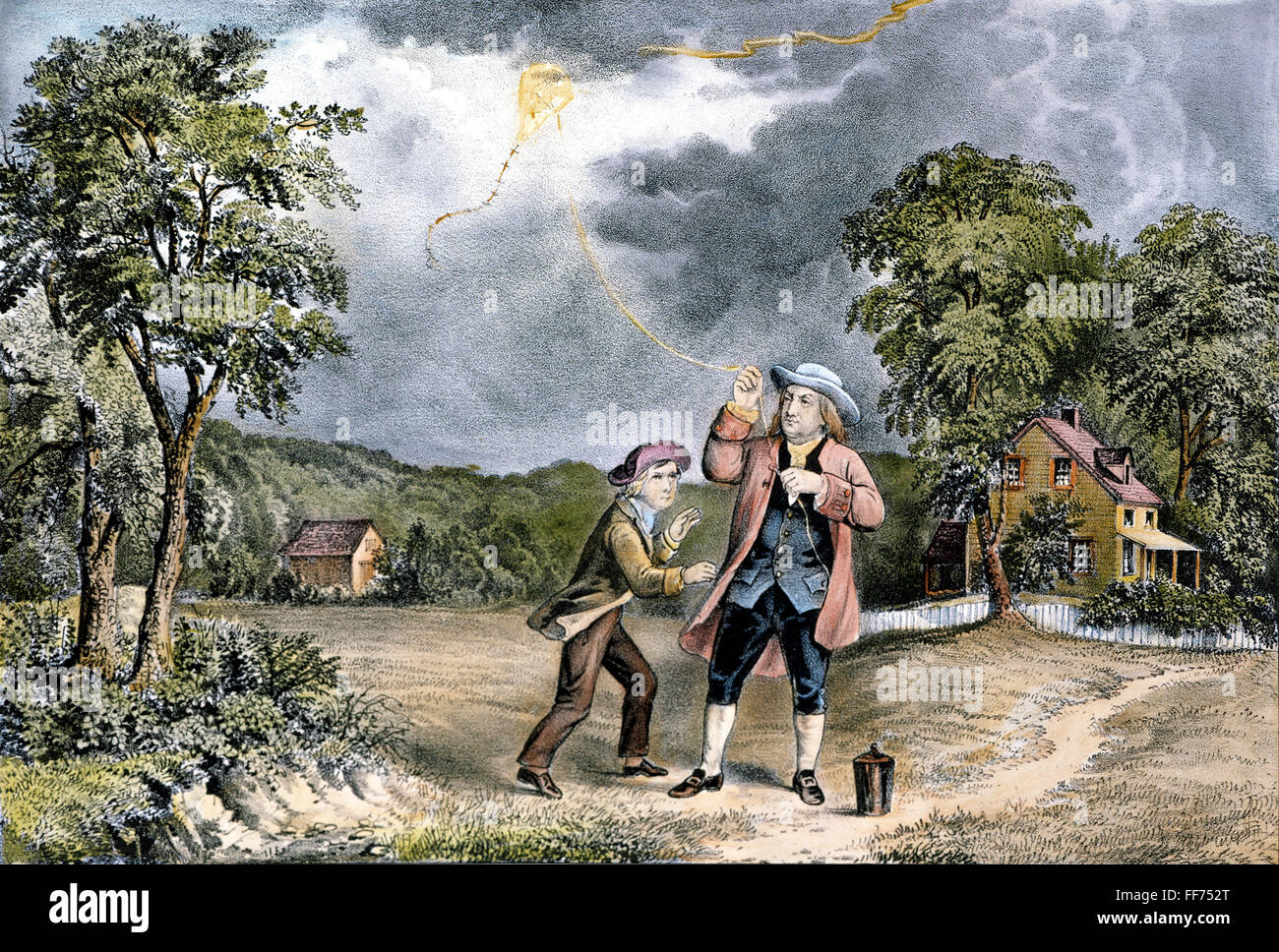 BENJAMIN FRANKLIN (1706-1790). /NAmerican stampante, publisher, scienziato, inventore, statista e diplomatico. Franklin, assistito dal suo figlio Guglielmo, comprovanti l'identità del fulmine e elettricità da parte sua ha celebrato il kite e esperimento chiave di giugno 1752. Accesa Foto Stock