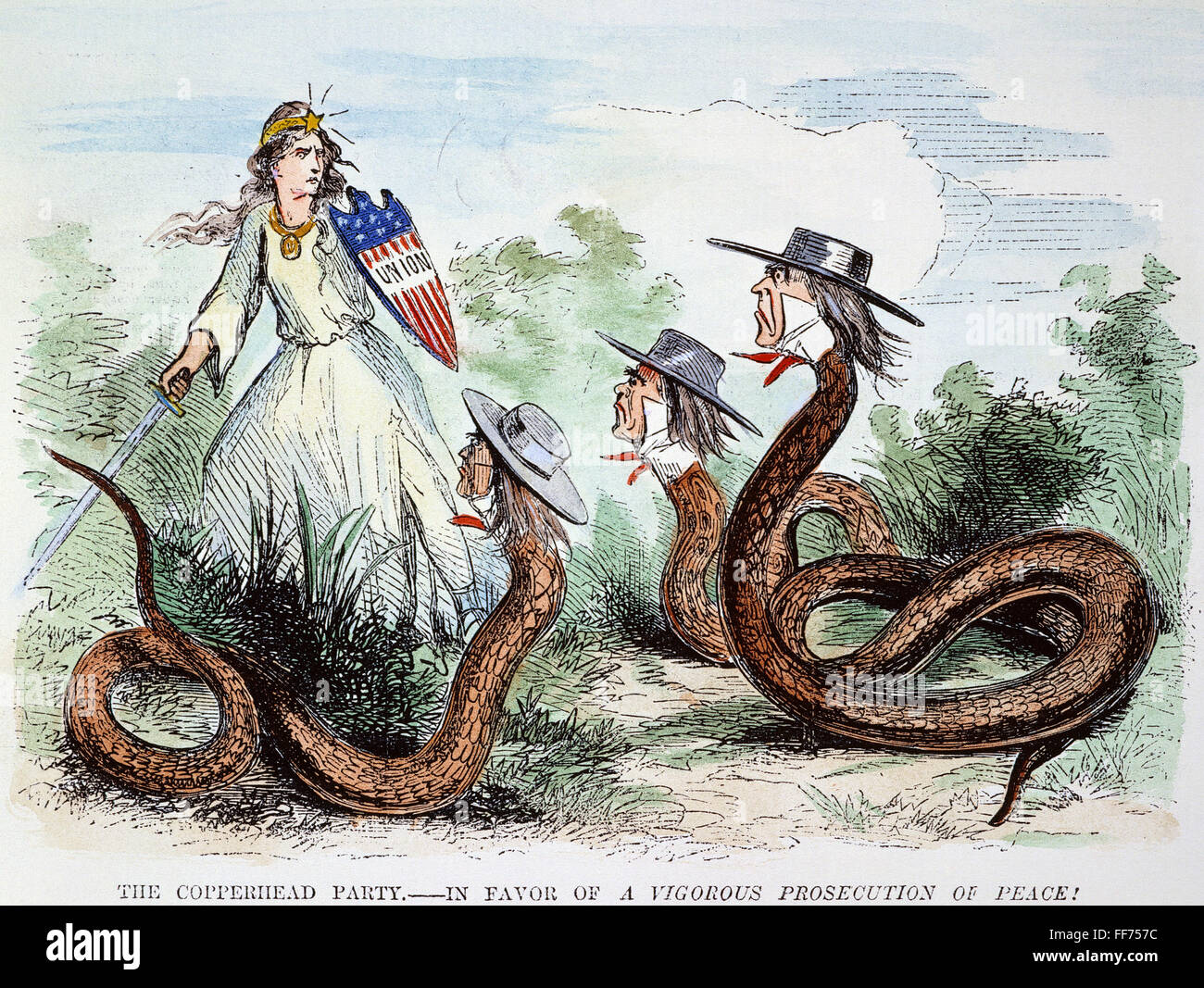 La Midwest COPPERHEADS, 1863. /NNorthern fumetto americano del 1863 mostra l'Unione minacciato da serpenti politico (Copperheads) indossando i cappelli del Midwest congressisti democratici. Foto Stock