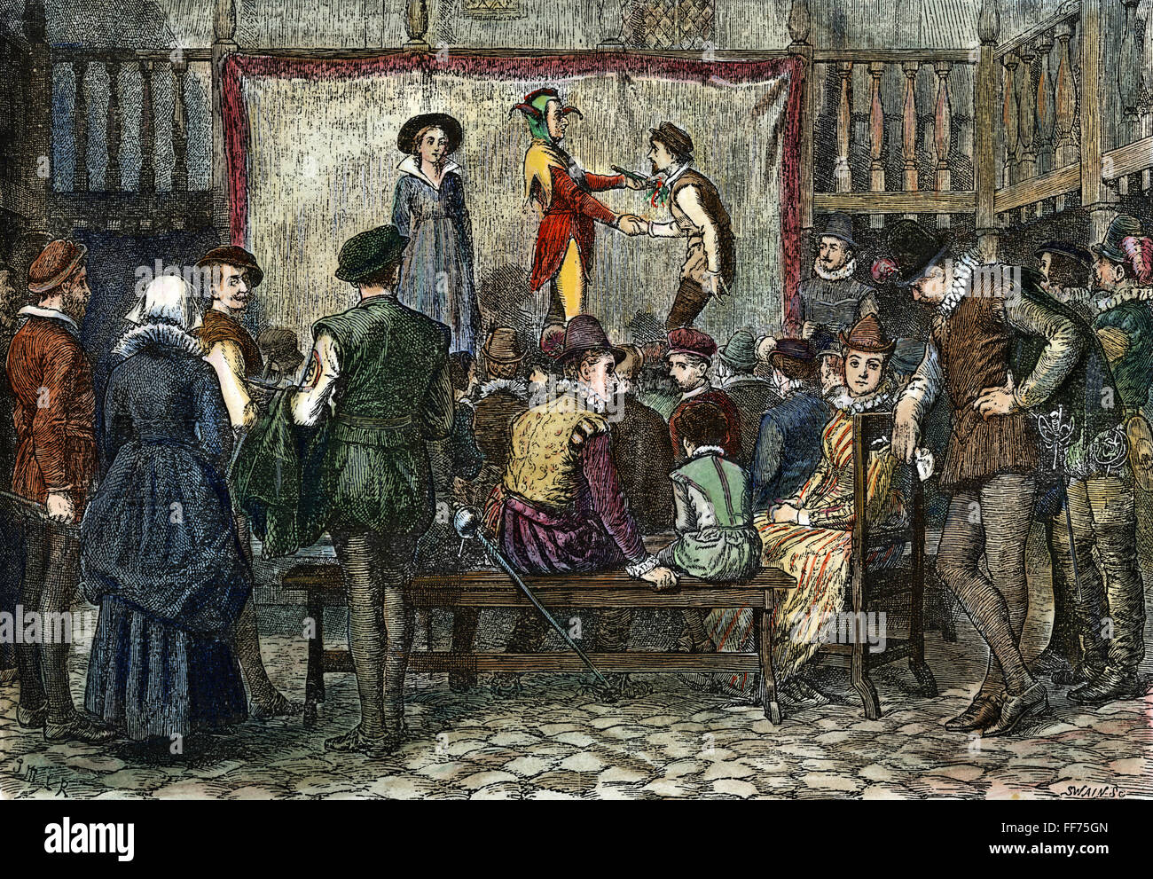 ELIZABETHAN Theatre. /NA prestazioni di un gioco in cantiere di un London Inn durante il regno della regina Elisabetta I. incisione su legno, inglese, 1876. Foto Stock