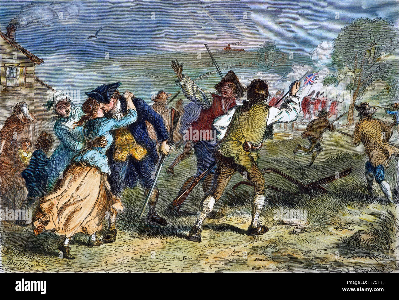 La battaglia di Concord, 1775. /N19 aprile 1775. Incisione colorata, secolo XIX, dopo Felix O.C. Darley. Foto Stock