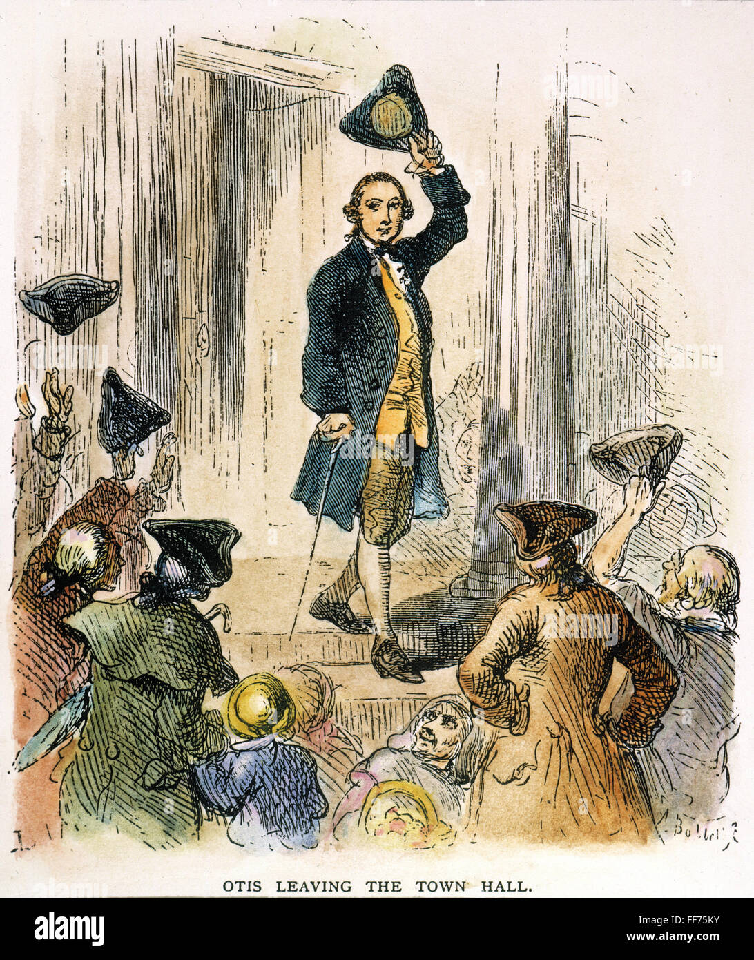 JAMES OTIS (1725-1783). /NAmerican statista rivoluzionario; allietate lasciando il Boston Municipio dopo la protesta della atti introduttivi del giudizio di assistenza nel 1761. Incisione colorata, xix secolo. Foto Stock