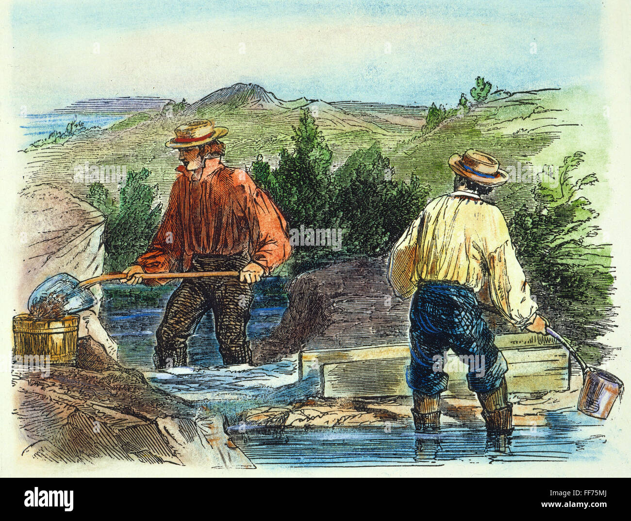 CALIFORNIA GOLD RUSH. /N'Forty-Niners' oro di lavaggio: incisioni colorate, metà del XIX secolo. Foto Stock