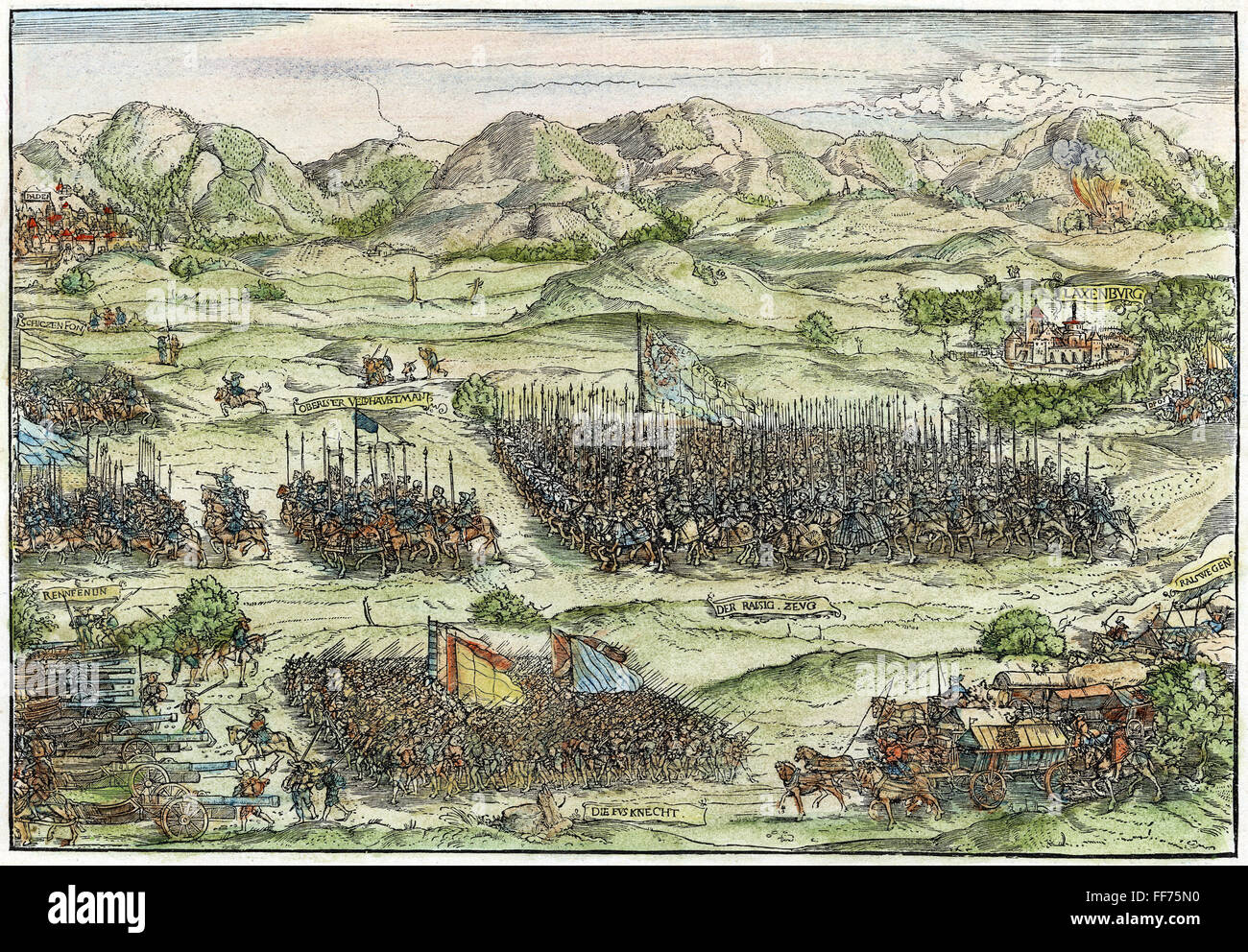 Germania: le truppe, 1532. /Forze nGerman marciare contro i Turchi nel 1532. Tedesco contemporaneo xilografia colorata. Foto Stock