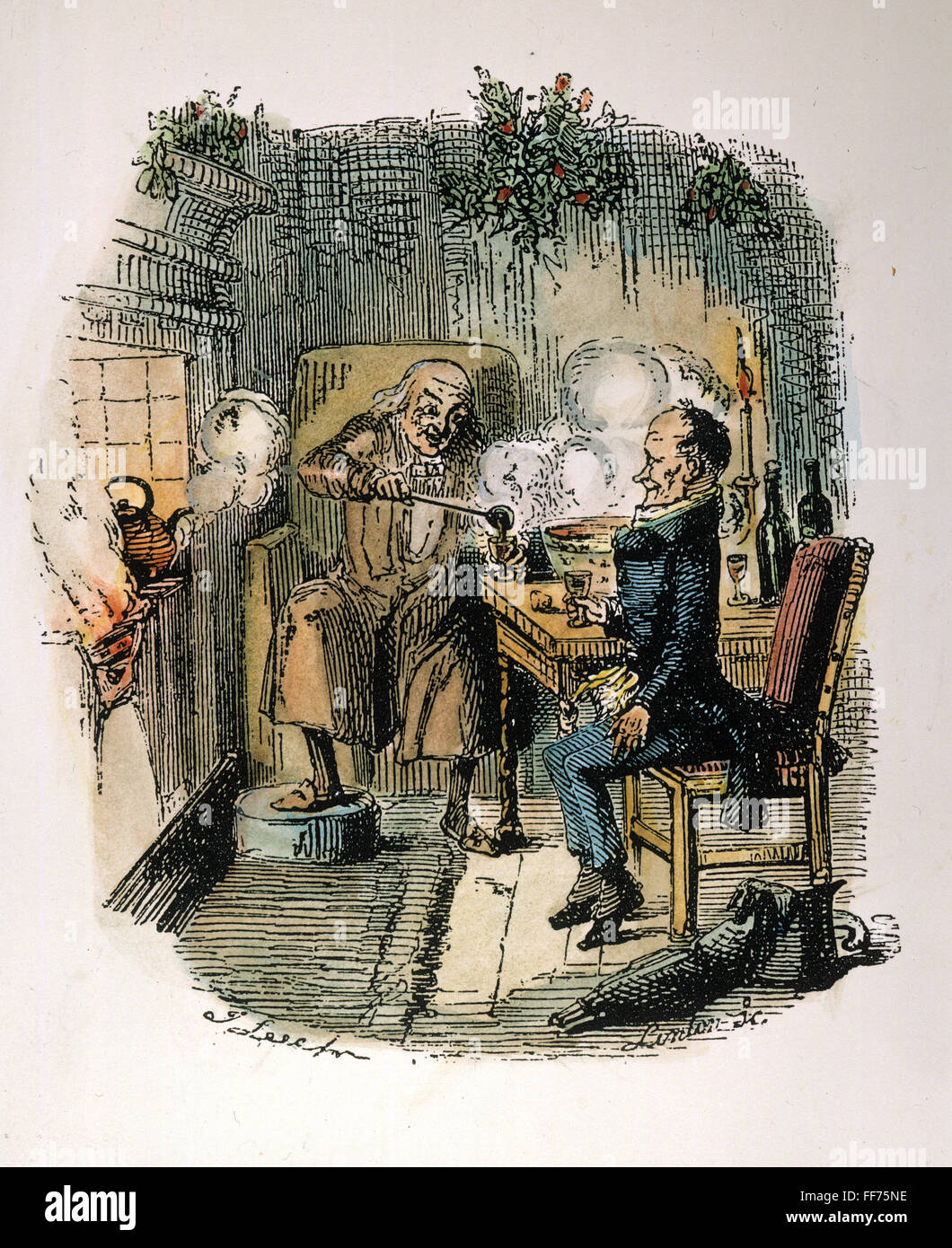 DICKENS: un canto di Natale. /NEbenezer Scrooge e Bob Cratchit. Attacco da John Leech dalla prima edizione di Charles Dickens' "A Christmas Carol". Foto Stock