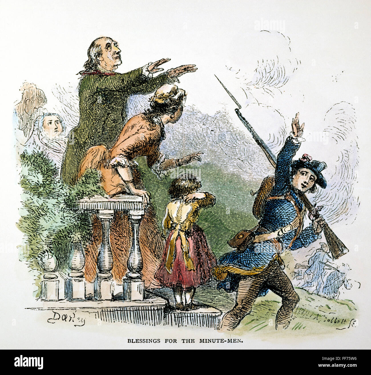 MINUTEMAN: benedizione, 1776. /NMinuteman marching off per unire l'esercito continentale: colorati, incisione del XIX secolo. Foto Stock