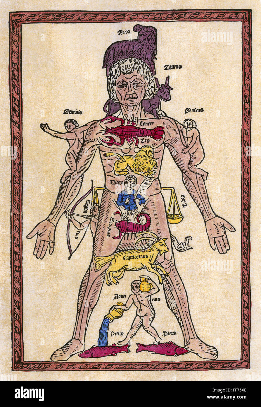 Uomo di segni, 1495. /N'Omo Signorum.' Xilografia da "Epilogo en medicina,' stampati da Juan de Burgos, Spagna, 1495. Foto Stock