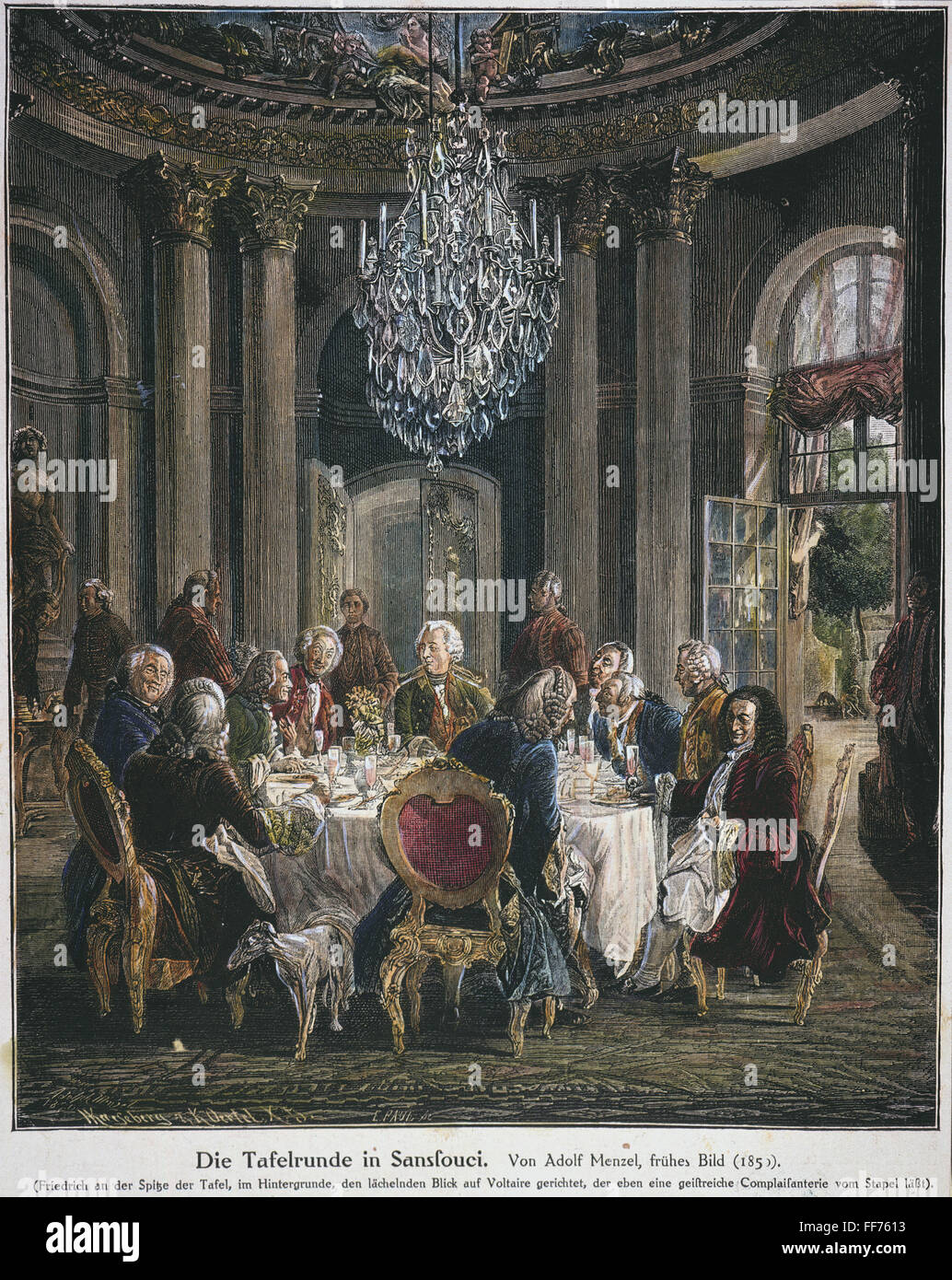 Federico II di Prussia /n(1712-1786) con Voltaire nella tavola rotonda a Sans Souci palace. Incisione su legno dopo Adolph von Menzel. Foto Stock