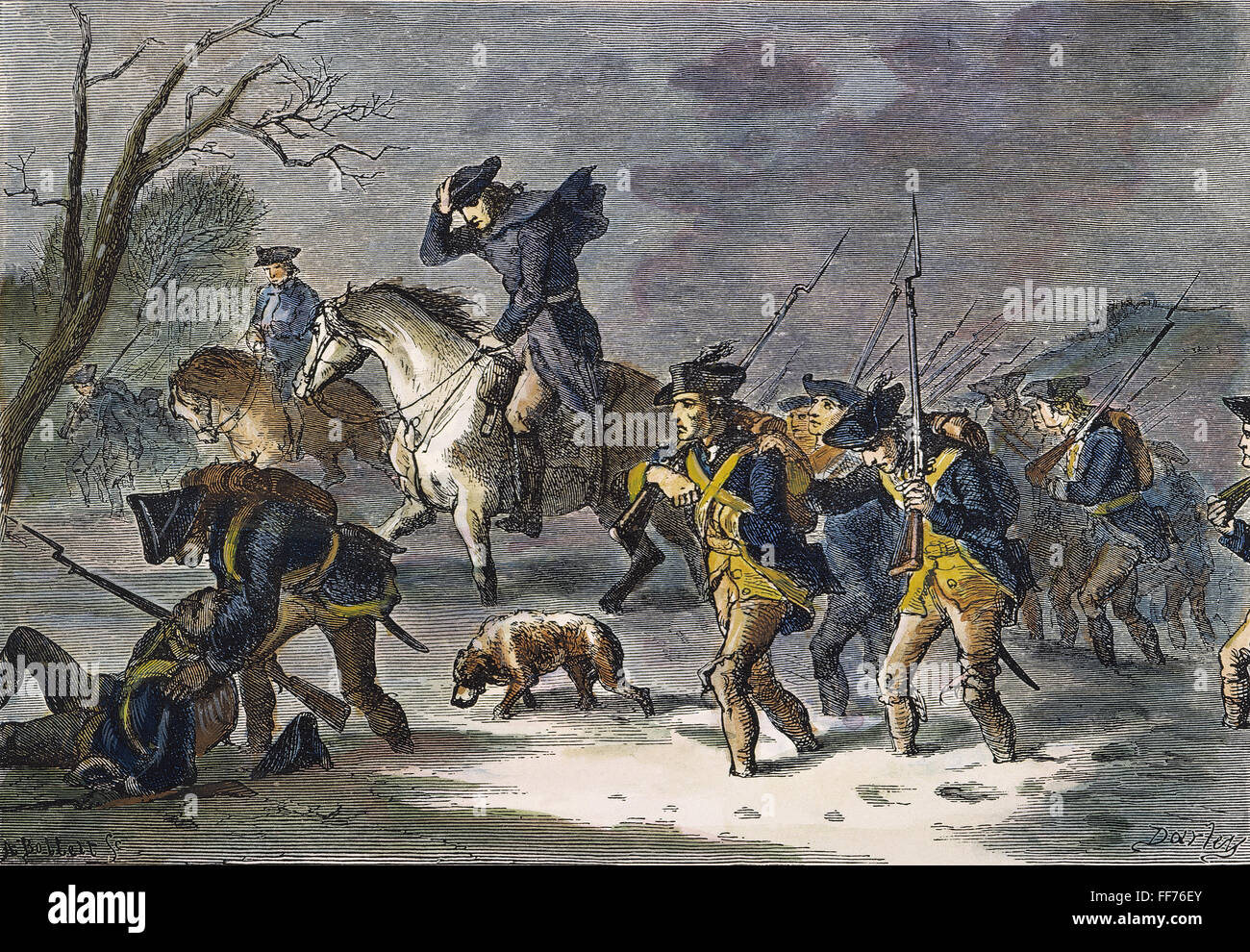 VALLEY FORGE: marzo 1777. /Nil Amry continentale marciando a Valley Forge a prendere trimestri invernali nel 1777. Incisione su legno, xix secolo. Foto Stock