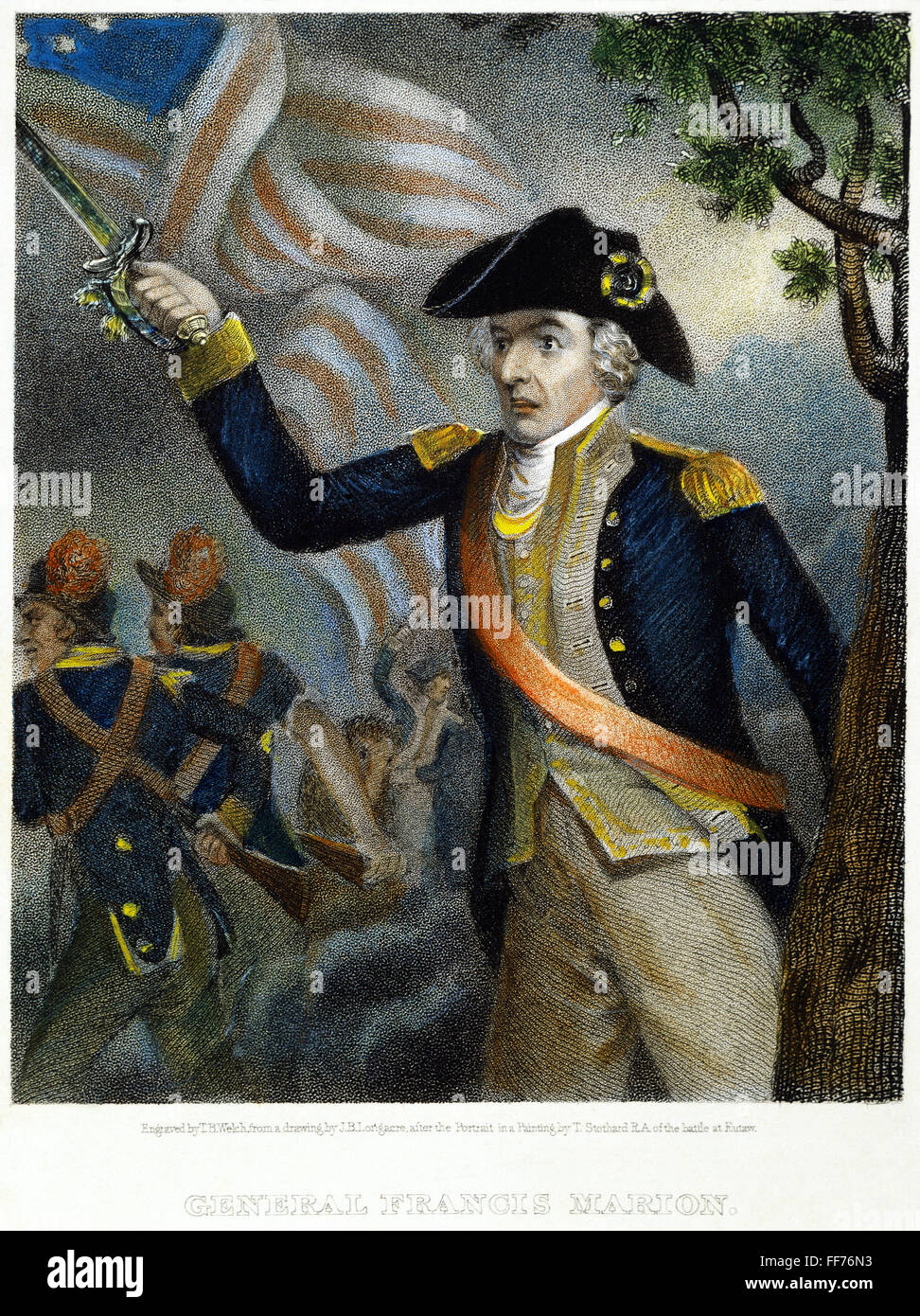 FRANCIS Marion (1732?-1795). /NAmerican comandante rivoluzionario, nella battaglia di Eutaw Springs nel 1781. Colore incisione da imbianchino. Foto Stock