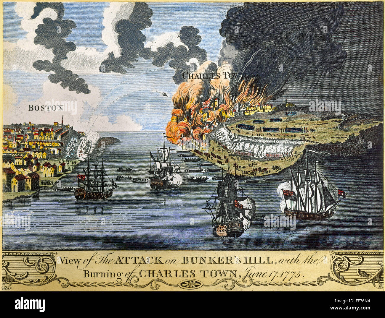 La battaglia di Bunker Hill, 1775. /NBurning di Charlestown e la battaglia di Bunker Hill, 17 giugno 1775. Incisione in inglese, c1780. Foto Stock