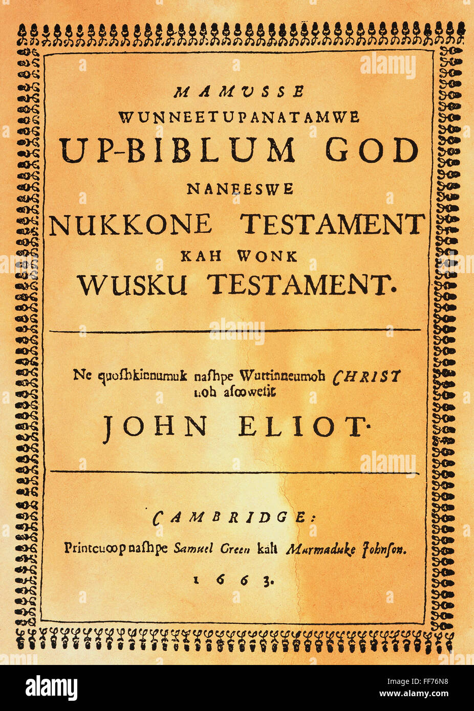 JOHN ELIOT: la Bibbia. /NTitle-page di John Eliot Native American Bible, la prima Bibbia stampata in Nord America, pubblicata nel 1663 a Cambridge, Massachusetts. Foto Stock