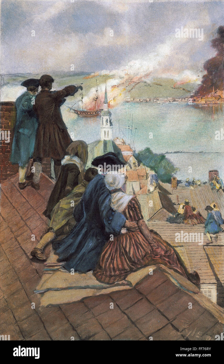 La battaglia di Bunker Hill, 1775. /NBostonians sui loro tetti a guardare la battaglia di Bunker Hill a Charlestown il 17 giugno 1775. Illustrazione, 1901, da Howard Pyle. Foto Stock