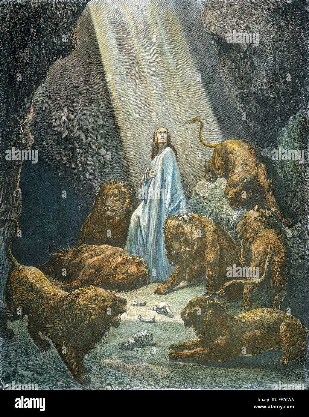Daniele nella fossa dei leoni /n(Daniele 6:22). Linea di incisione su legno dopo Gustave DorΘ. Foto Stock